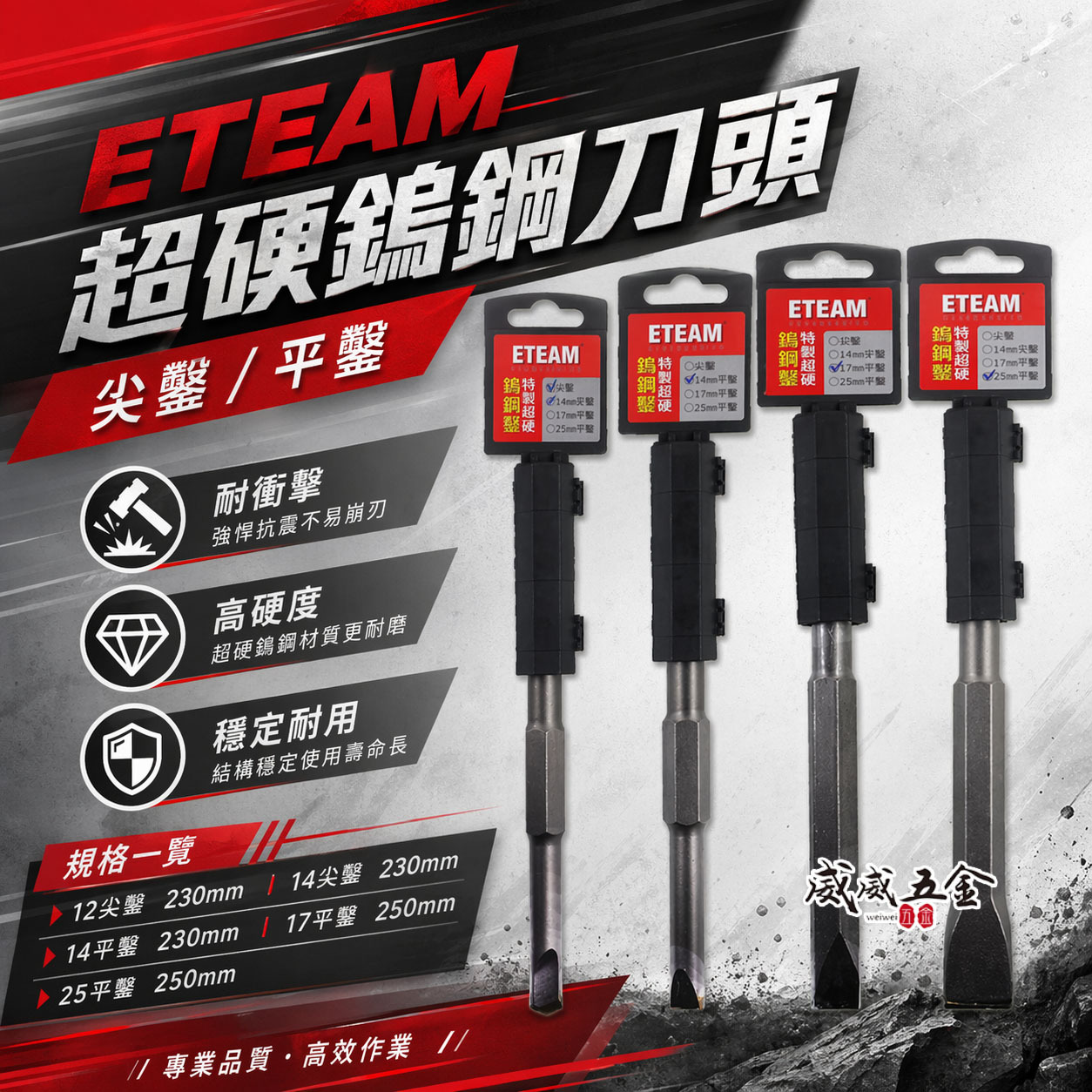 ETEAM 一等｜鎢鋼鑿 超硬鎢鋼刀頭 尖鑿 平鑿 ET41 H41 HM0810用｜長型鎢鋼尖䥣 電動斬尾