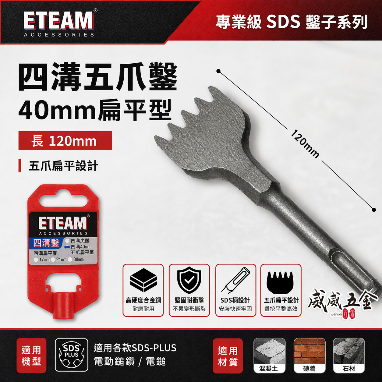 ETEAM 一等 免出力四溝鑿｜四溝五爪鑿 40mm扁平鑿 長120mm｜五爪打石鑿 五齒鑿尾 破碎機鎚尾 斬尾 5爪鑿｜SDS PLUS