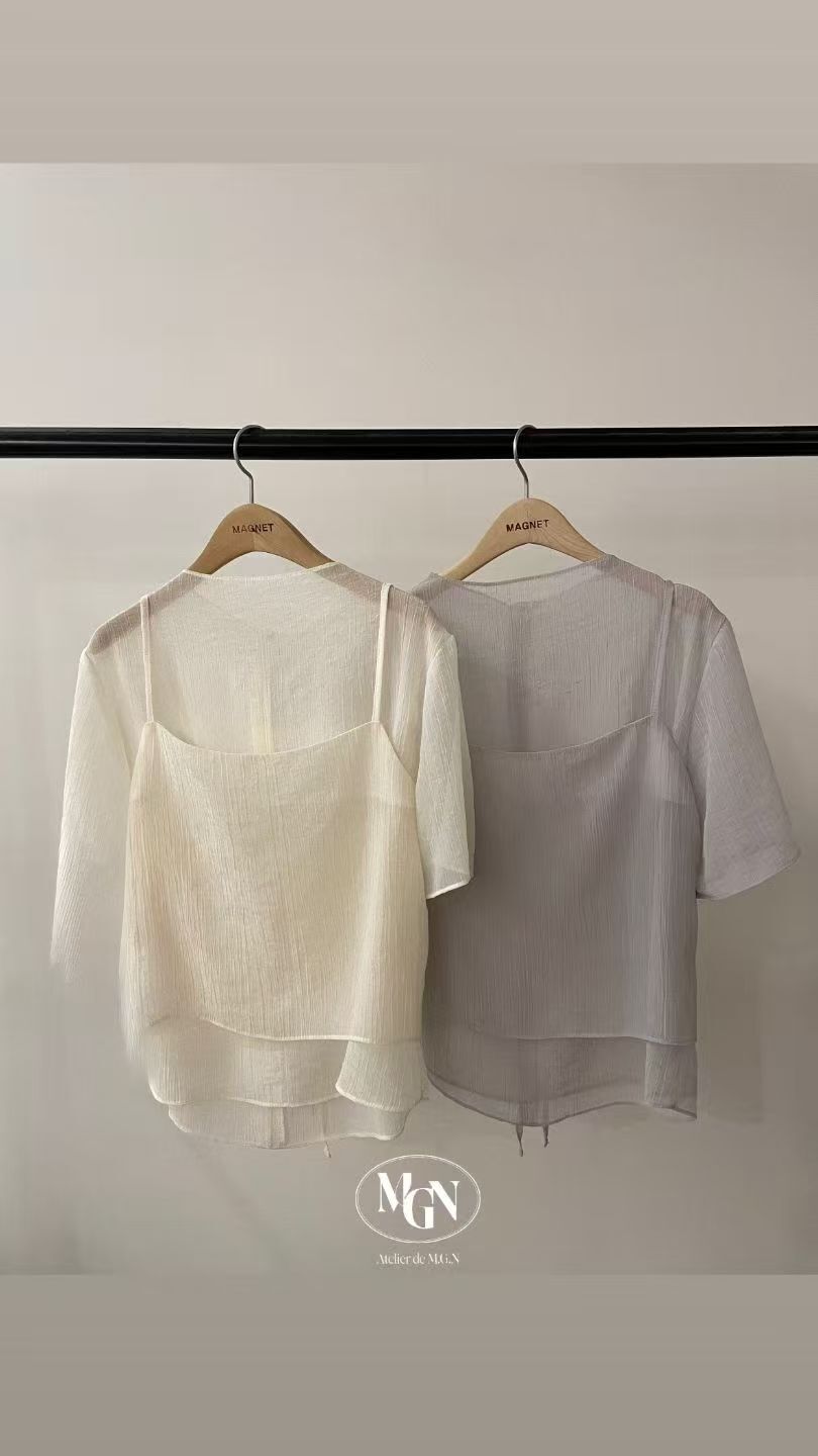 MN6125 方領吊帶蝴蝶綁帶閃紗短袖套裝