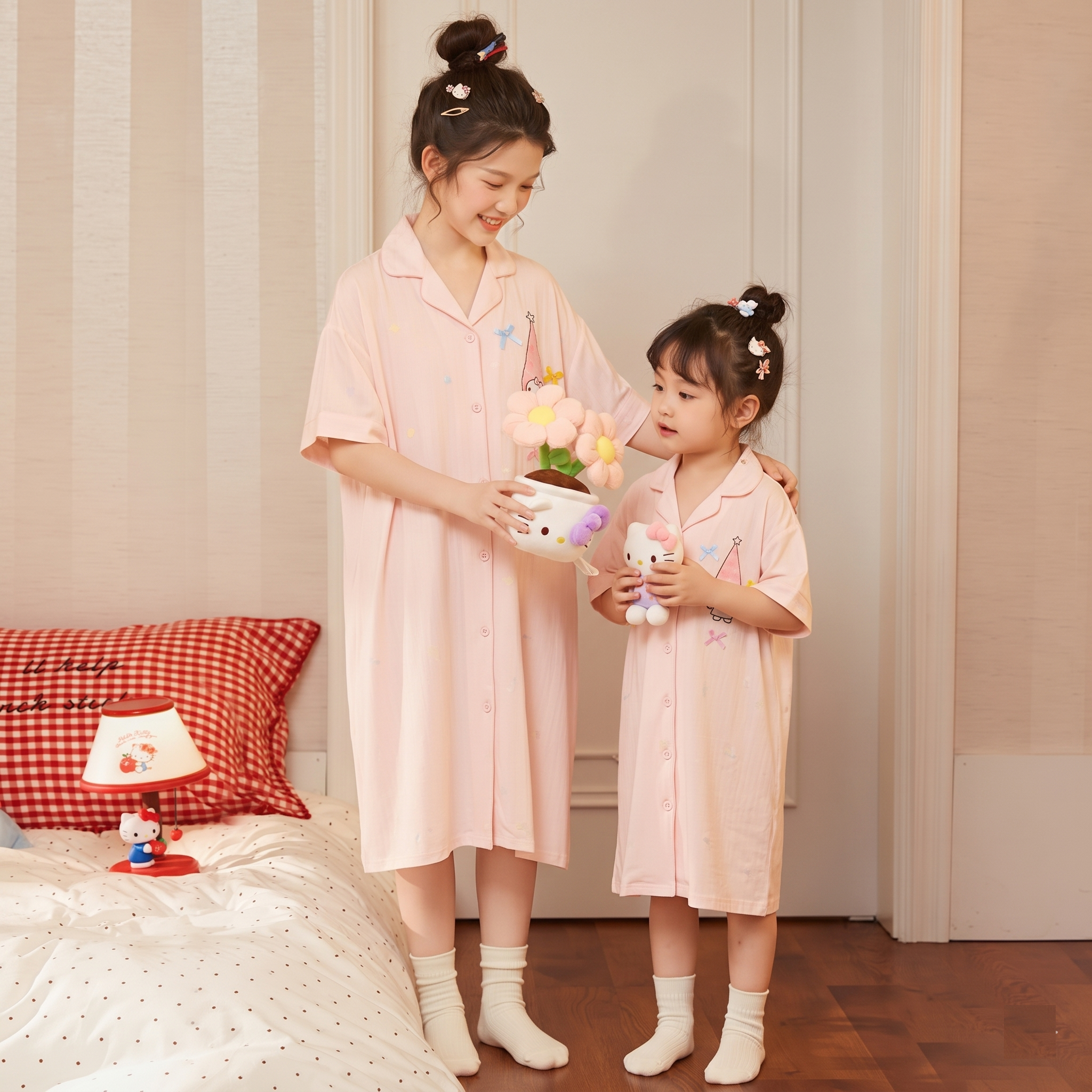 【Hello Kitty】日系甜美排扣襯衫睡裙(親子款)