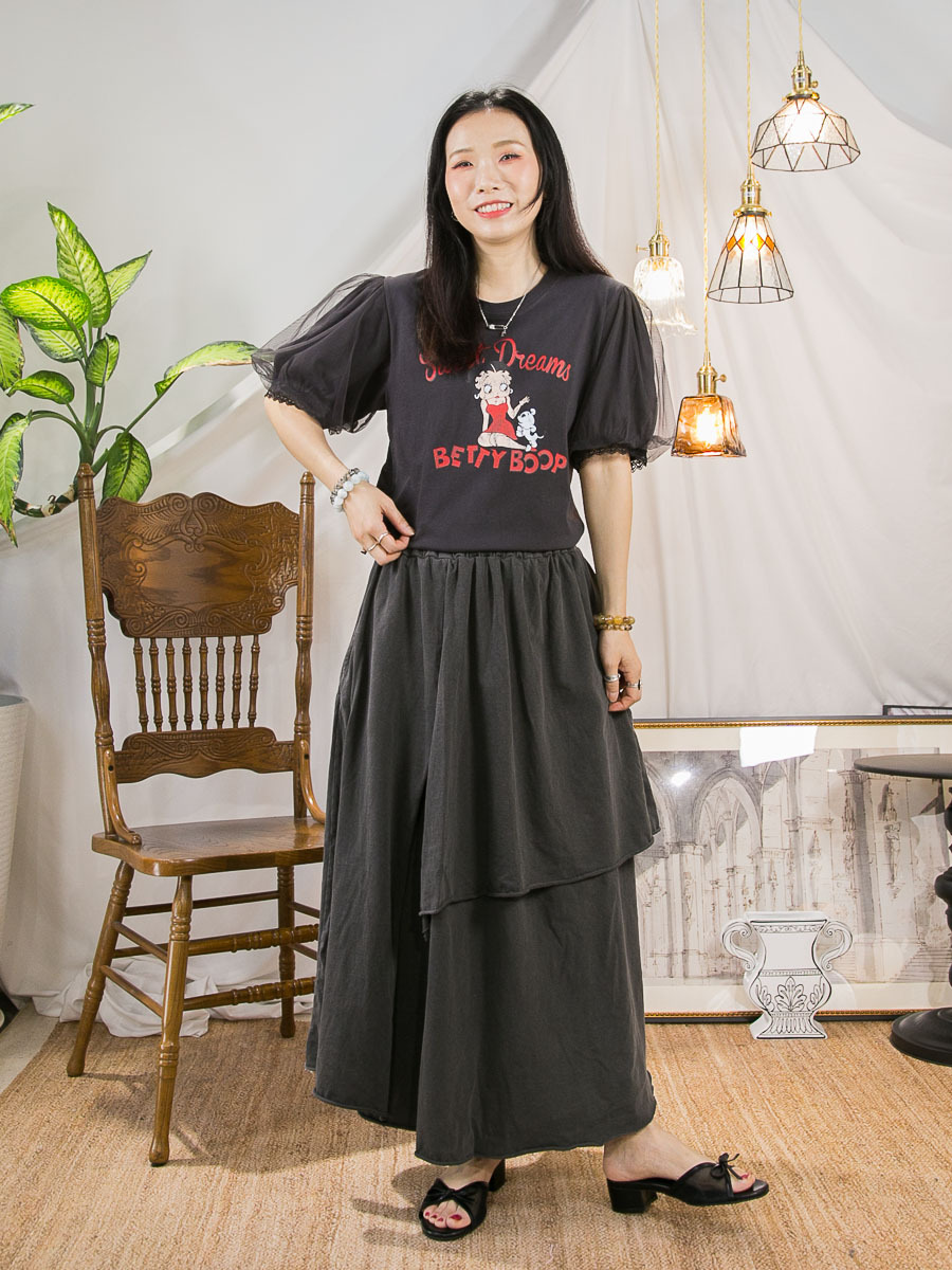 BETTY BOOP ' 英文字PRINT．手袖DOUBLE LAYER網布．COTTON料TOP