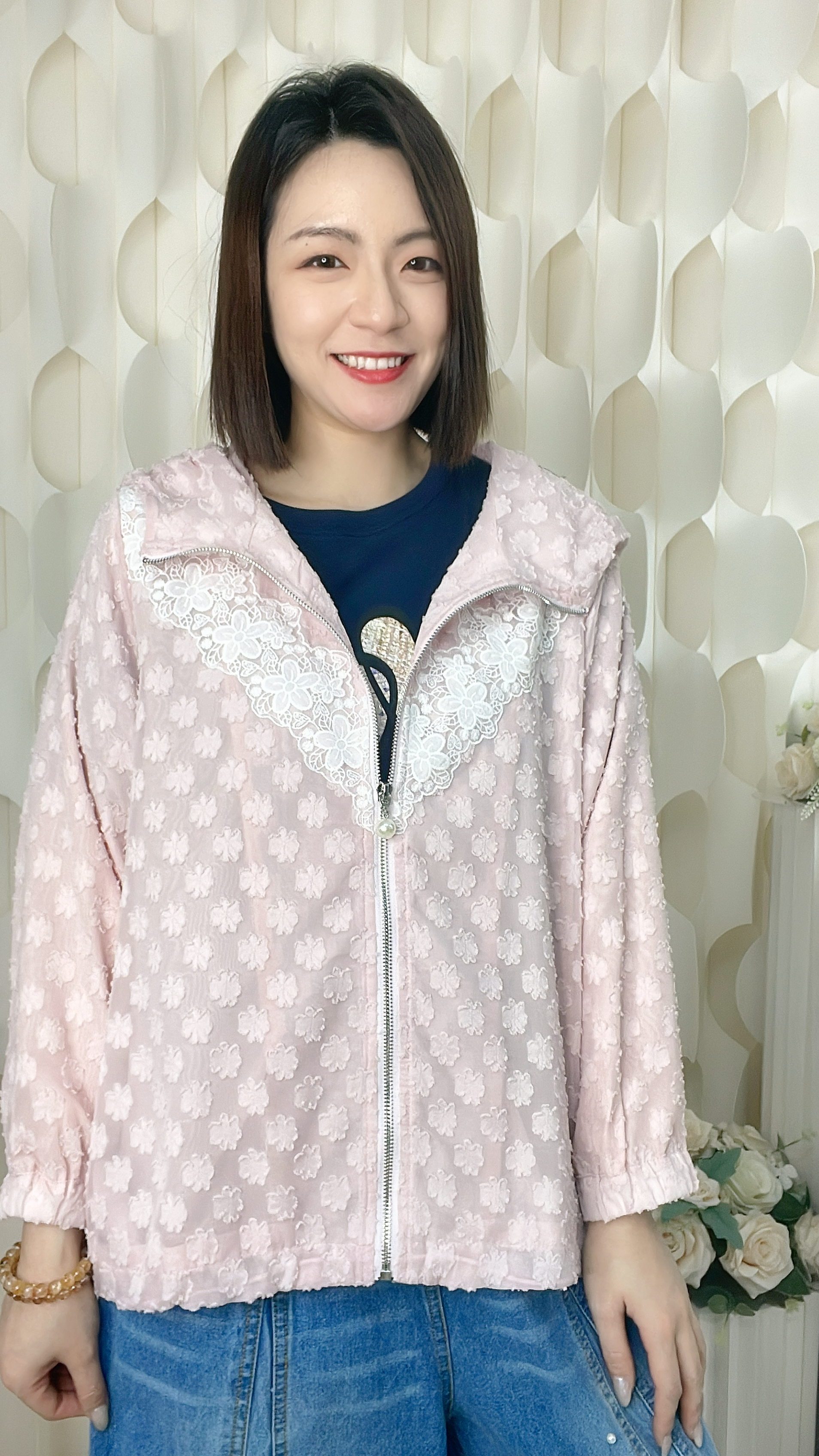 LACE拼立體花珍珠拉鏈外套（胸42 腰44 長24吋）37045 #2304clo