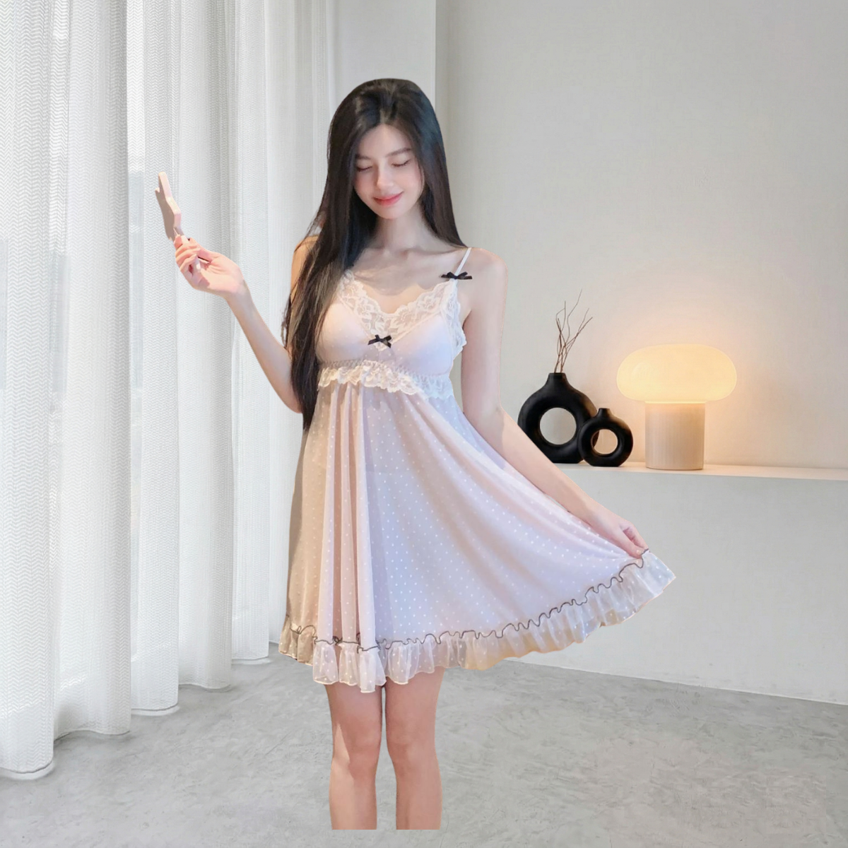 【微醺之夜】法式蕾絲拼接波點網紗睡裙