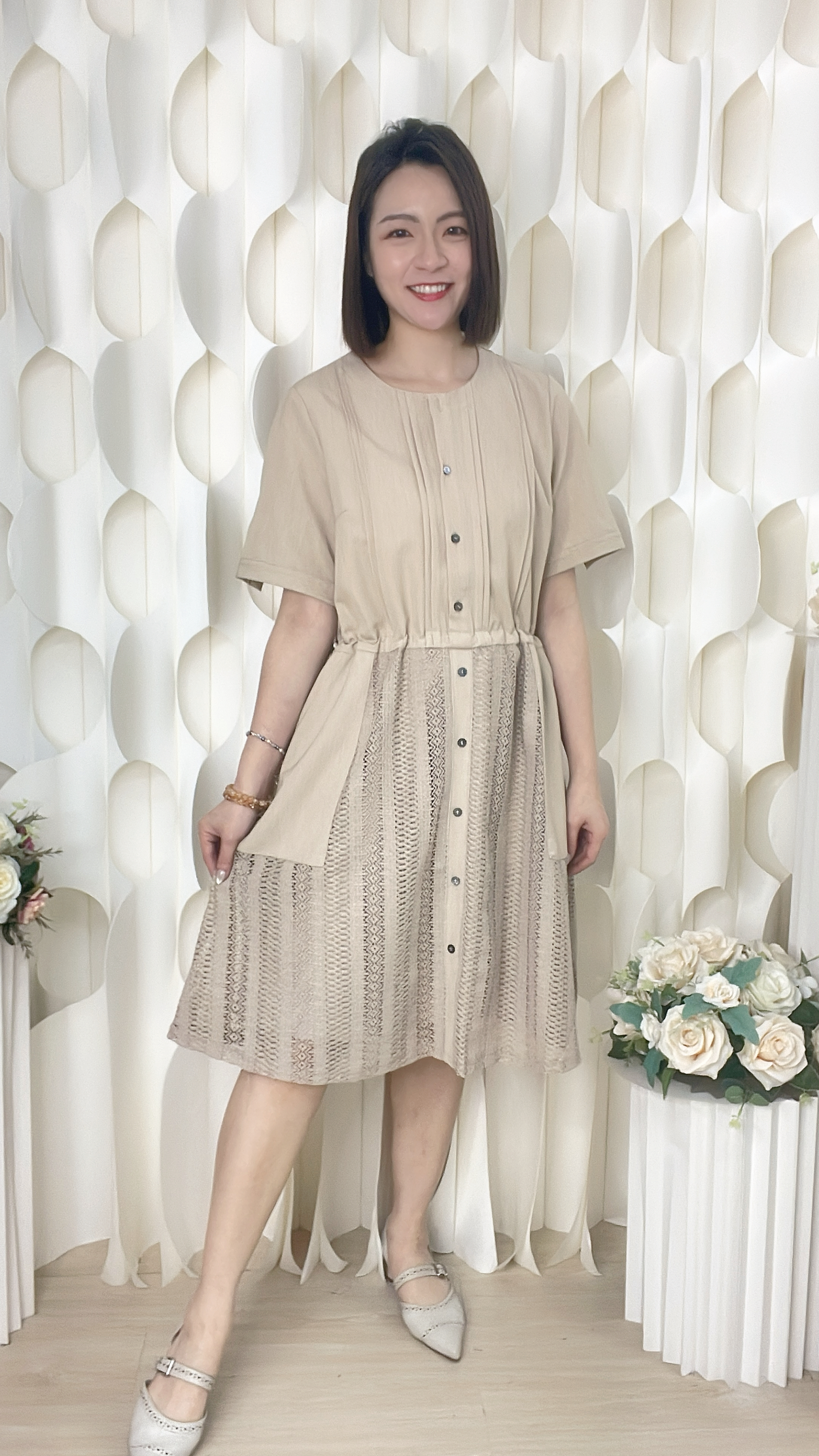 雪紡紐扣拼刺繡束腰連身裙（胸40 腰42 臀48 長39吋）37037 #2304clo