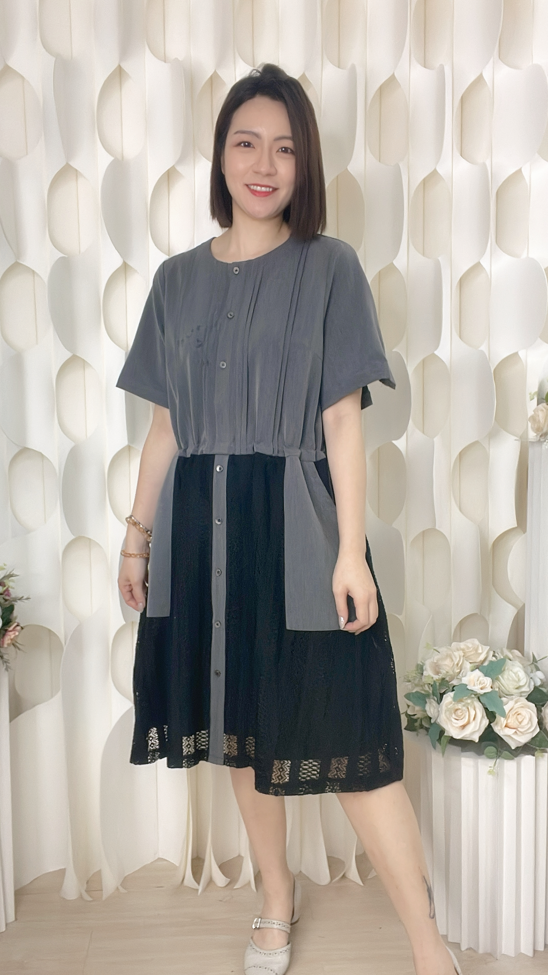 雪紡紐扣拼刺繡束腰連身裙（胸40 腰42 臀48 長39吋）37037 #2304clo