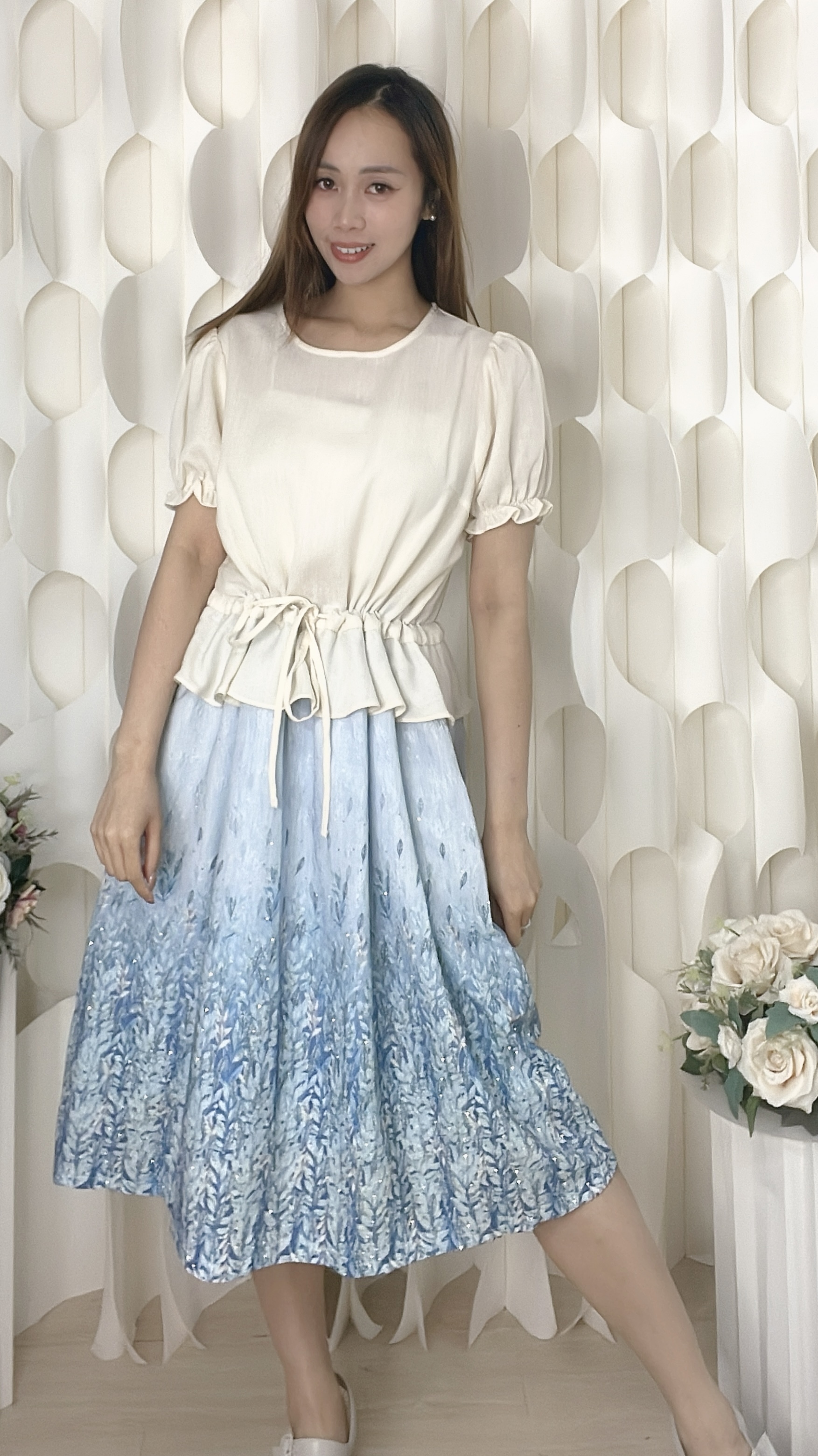 雪紡拼燙石印花連身裙（胸42 腰42 臀56 長42吋）37017 #2304clo