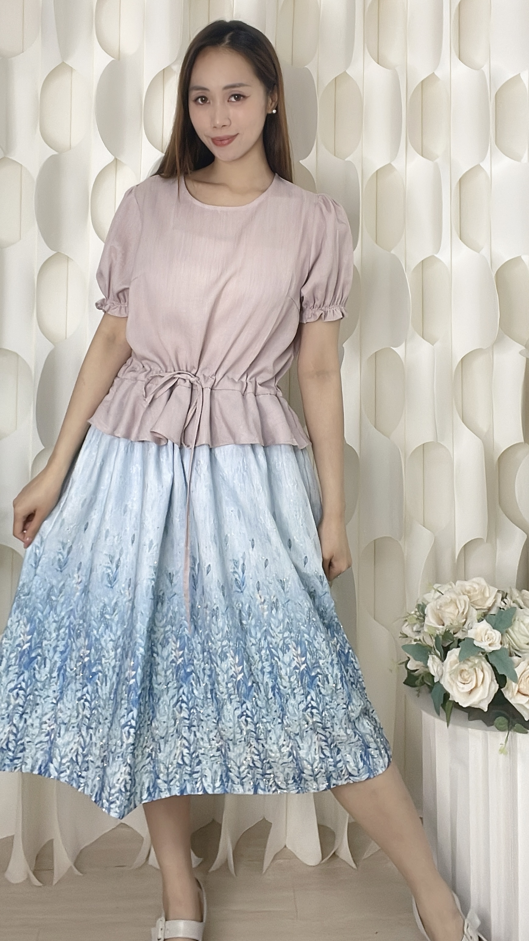 雪紡拼燙石印花連身裙（胸42 腰42 臀56 長42吋）37017 #2304clo