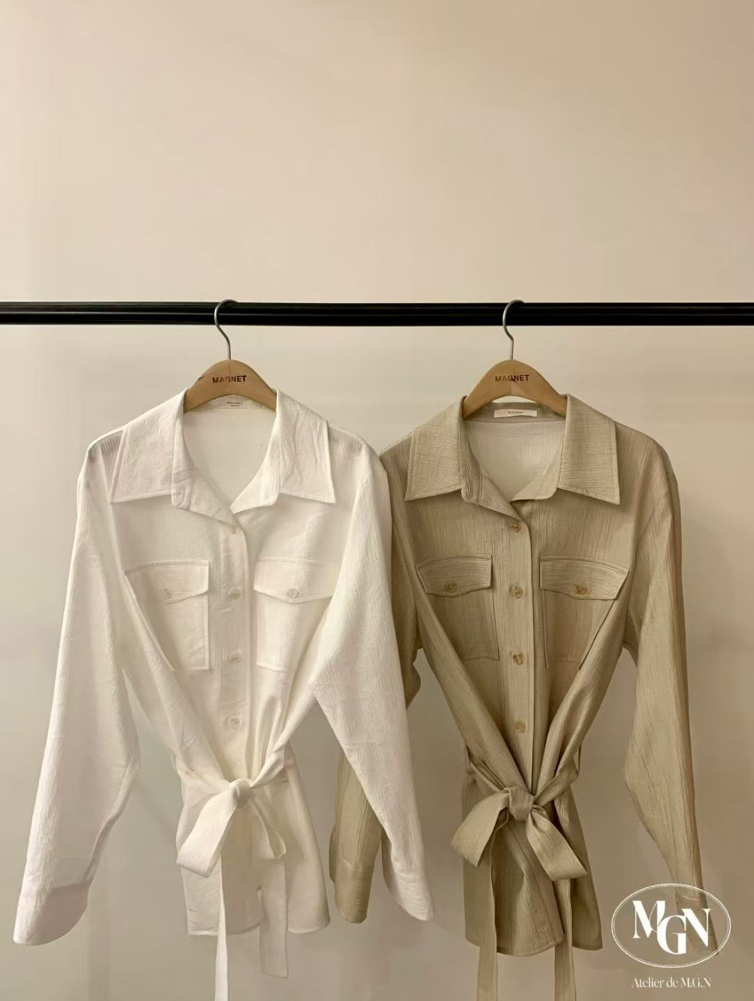 MN6141 綁腰帶樹紋排扣襯衫