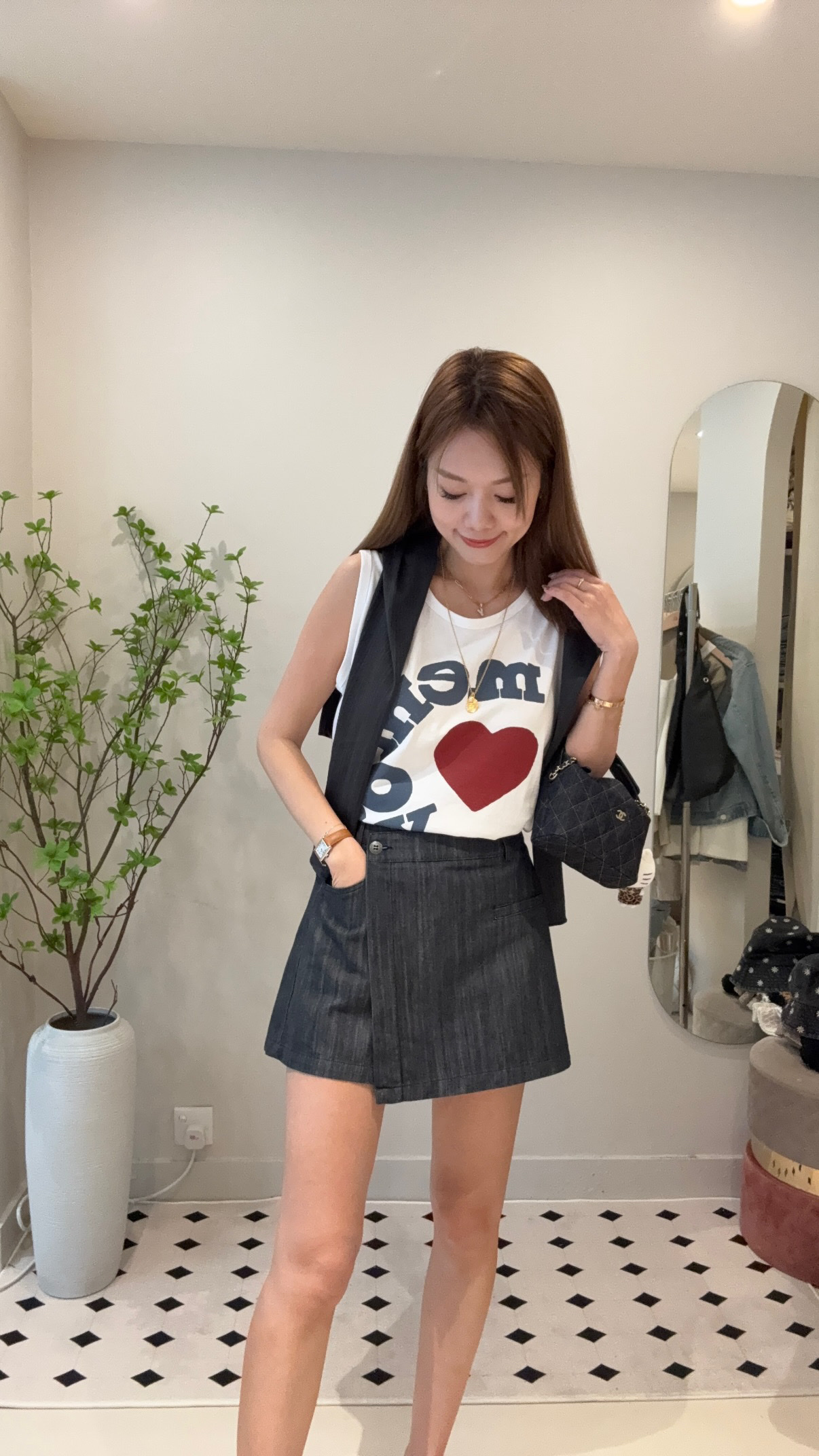 深色牛仔橡筋腰裙褲