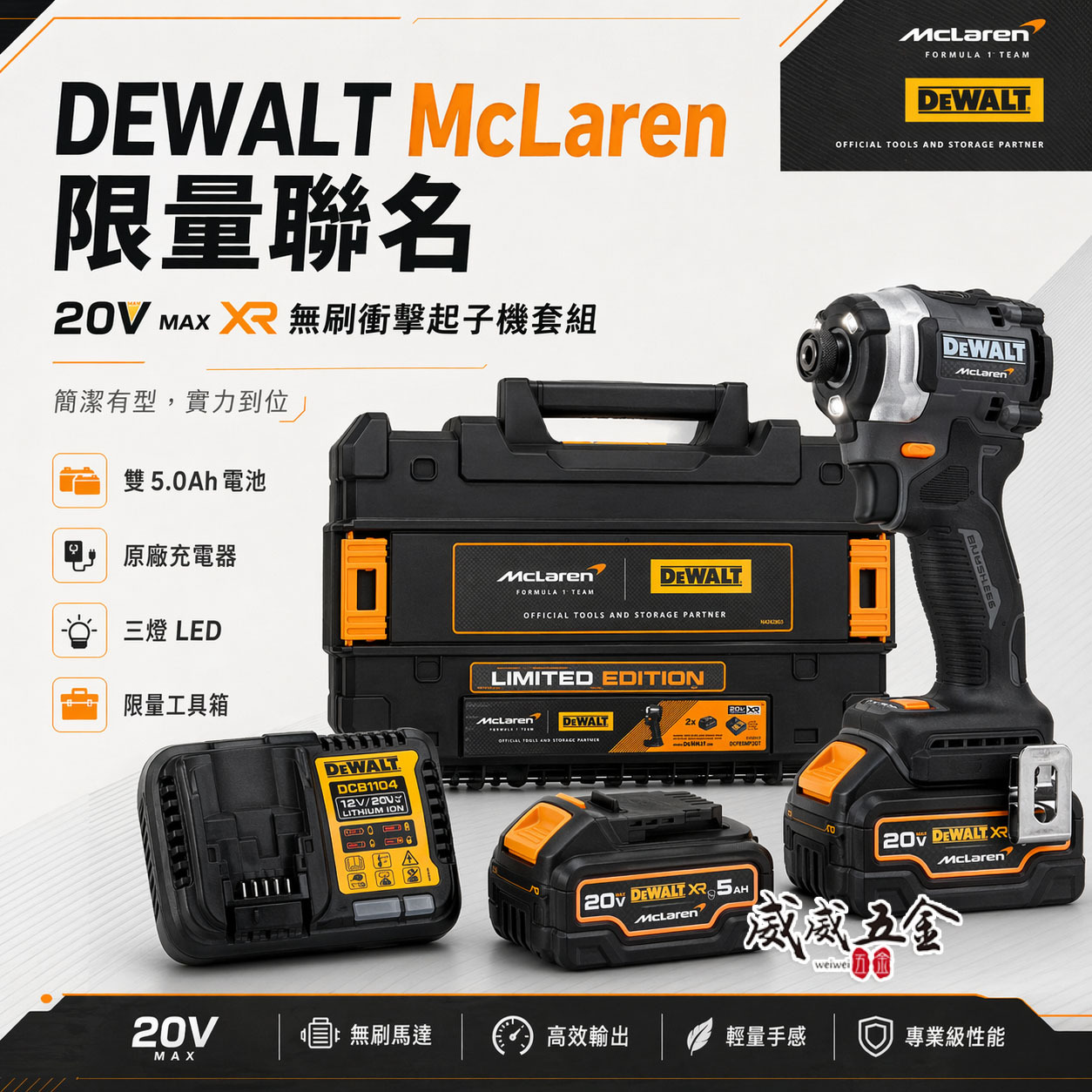 DeWALT × McLaren F1 限量聯名 充電式衝擊起子機 DCF85｜20V MAX XR 無刷馬達充電起子機｜5Ah 大容量電池｜專屬 TSTAK 工具箱