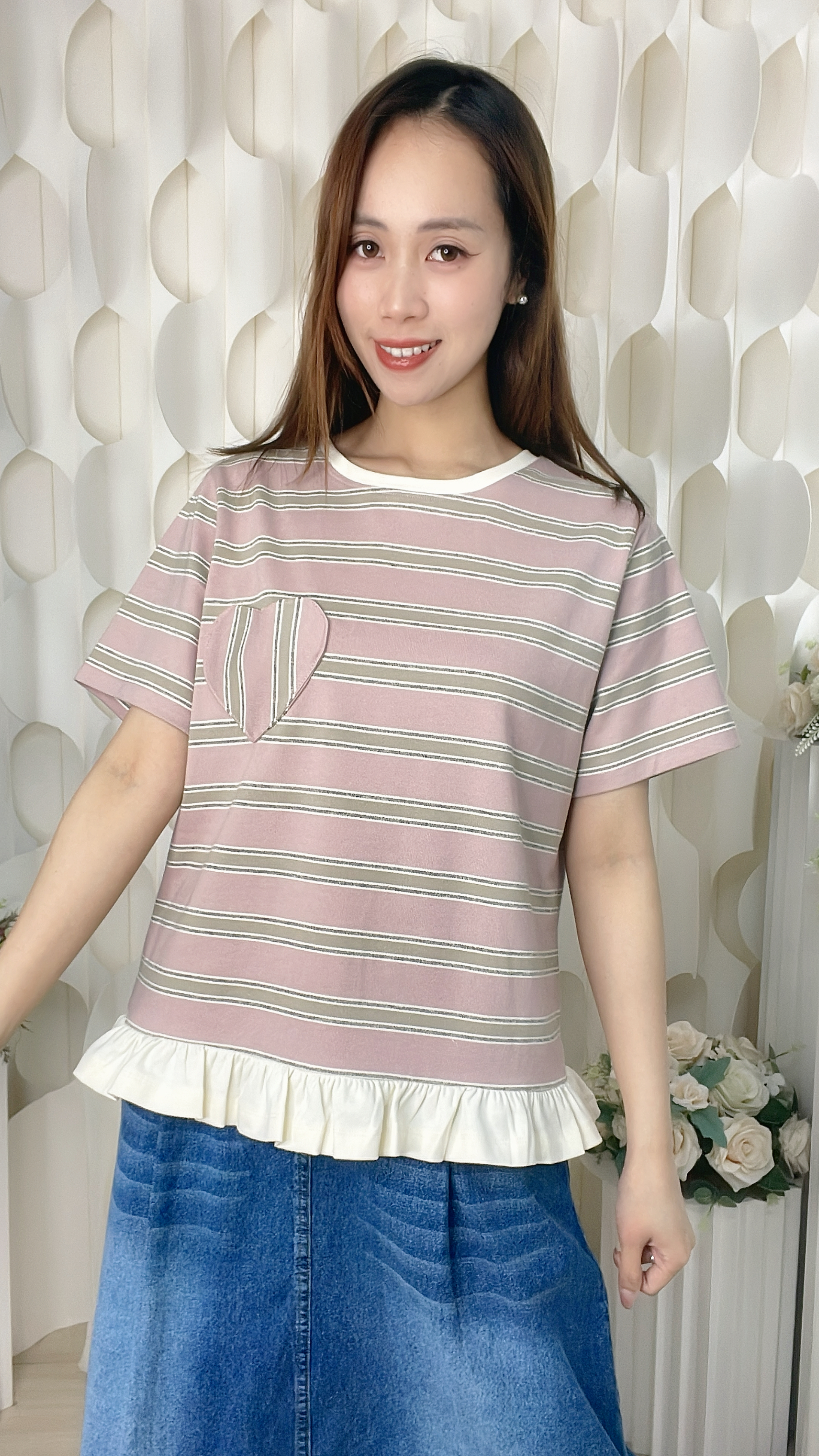 棉質條紋花邊上衣（胸40-44 腰40-44 長24吋）37073 #2304clo