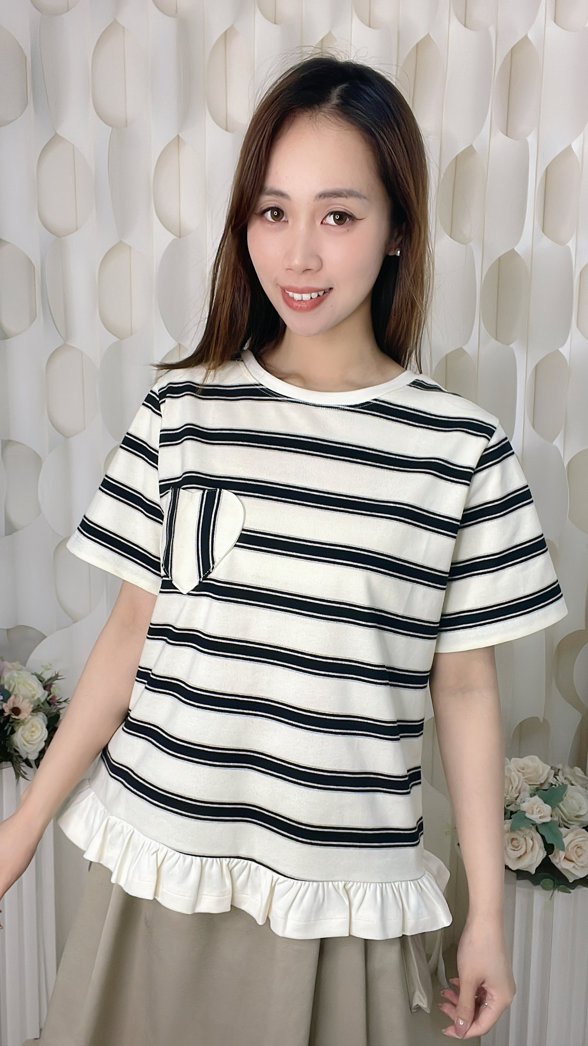 棉質條紋花邊上衣（胸40-44 腰40-44 長24吋）37073 #2304clo