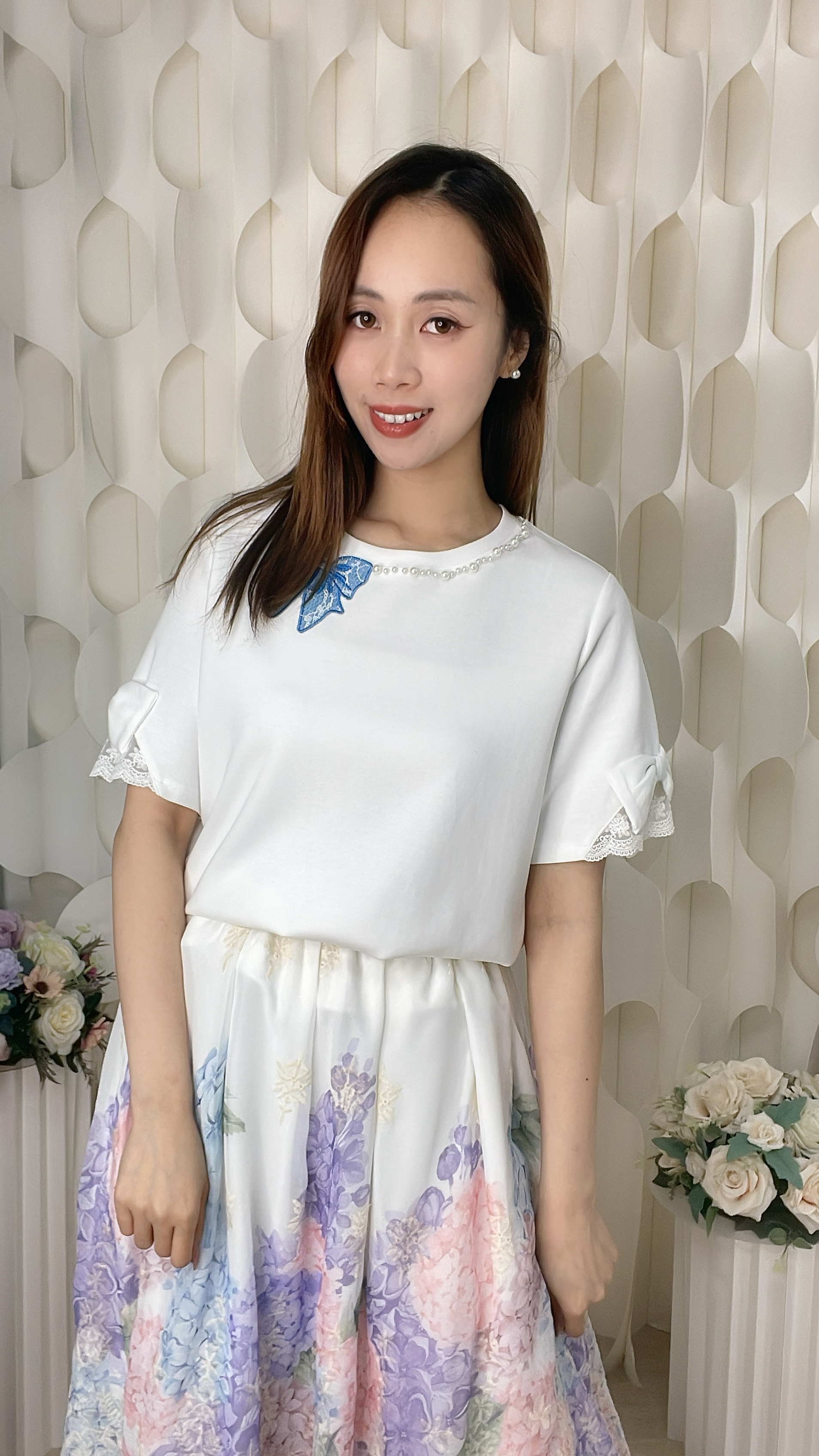 刺繡蝴蝶結珍珠領棉質上衣（胸42-48 腰46-52 長24）37077 #2304clo