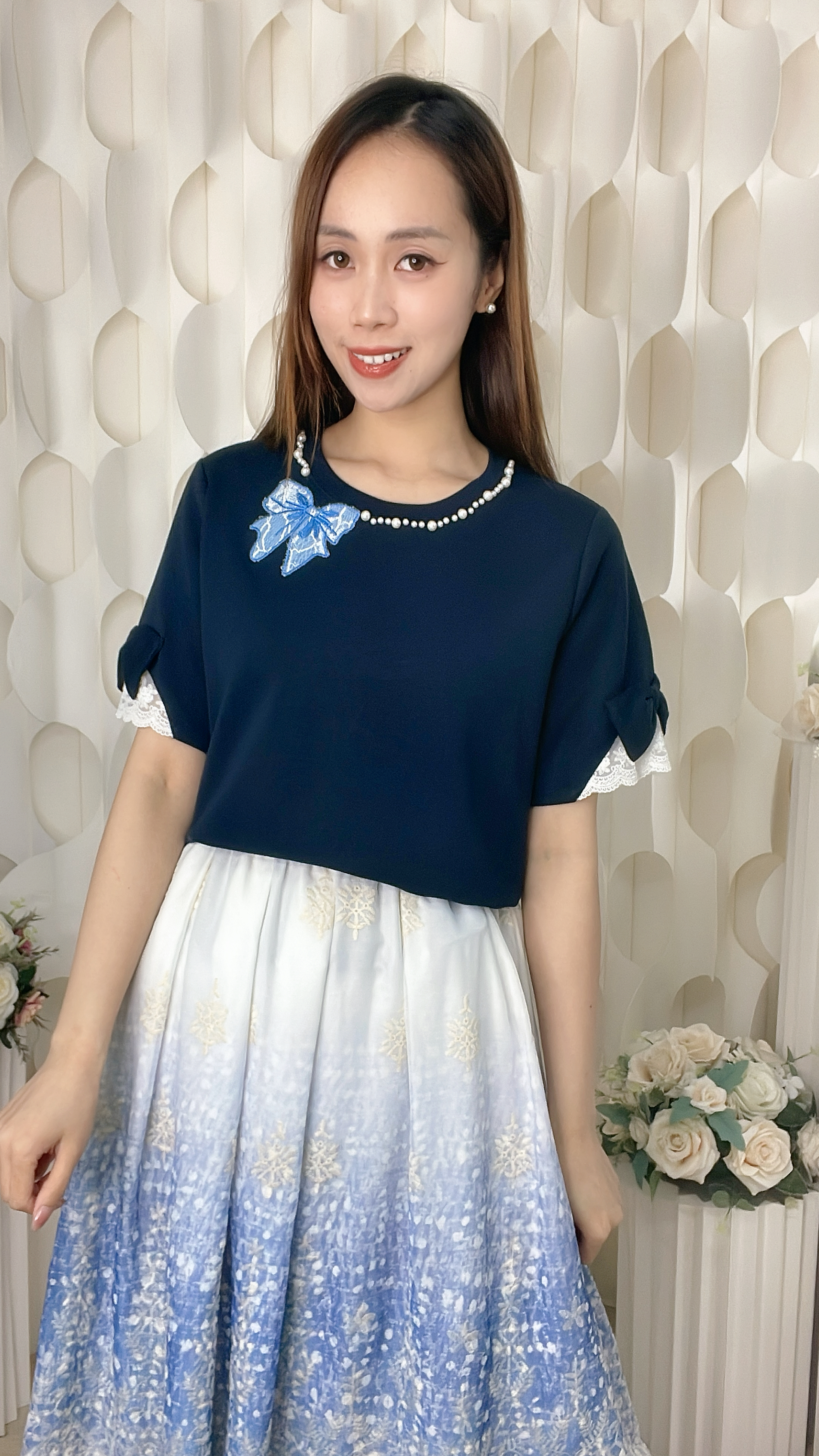 刺繡蝴蝶結珍珠領棉質上衣（胸42-48 腰46-52 長24）37077 #2304clo