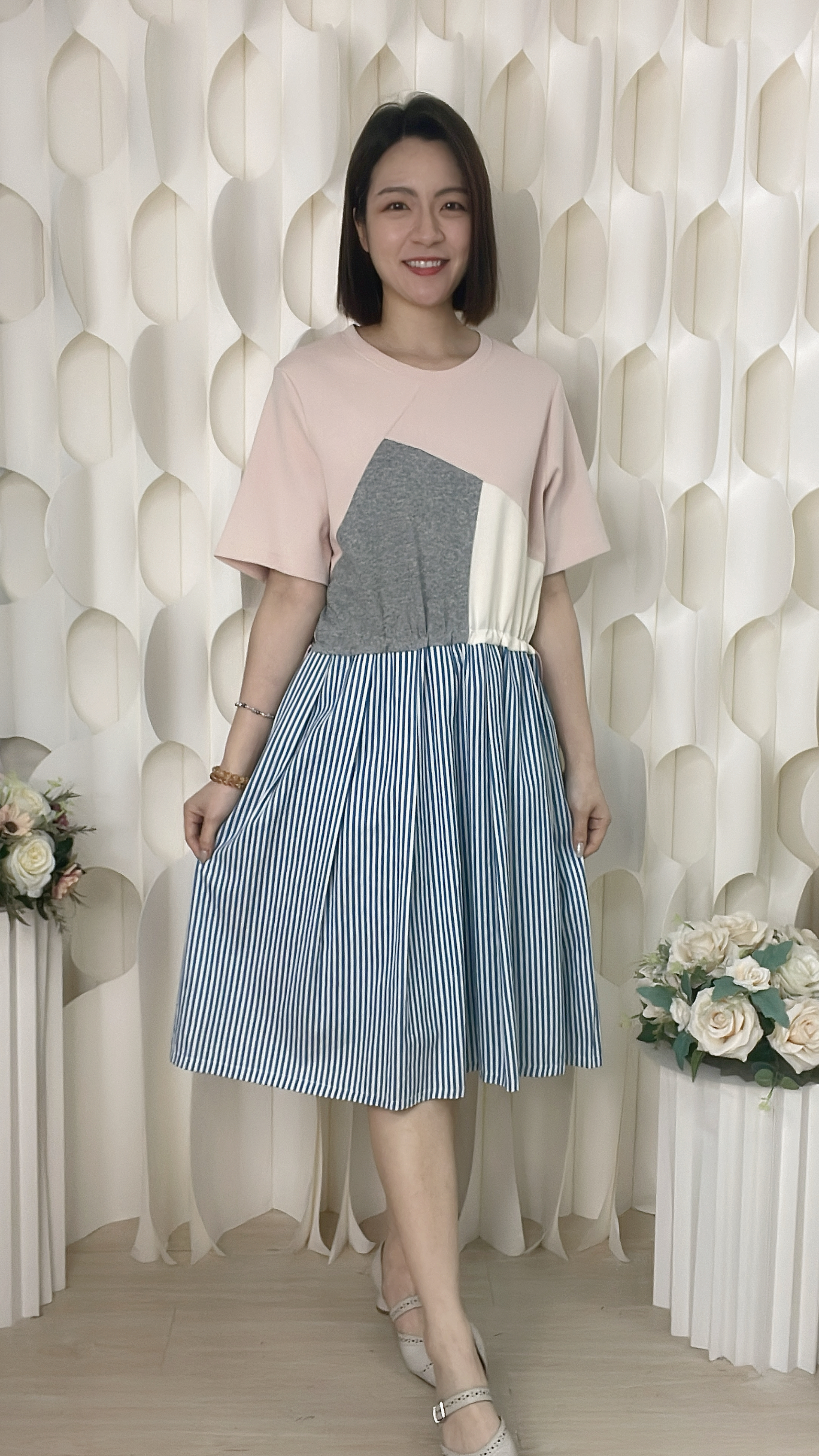 棉質拼條紋連身裙（胸42-46 腰42 臀50 長39吋）37024 #2304clo