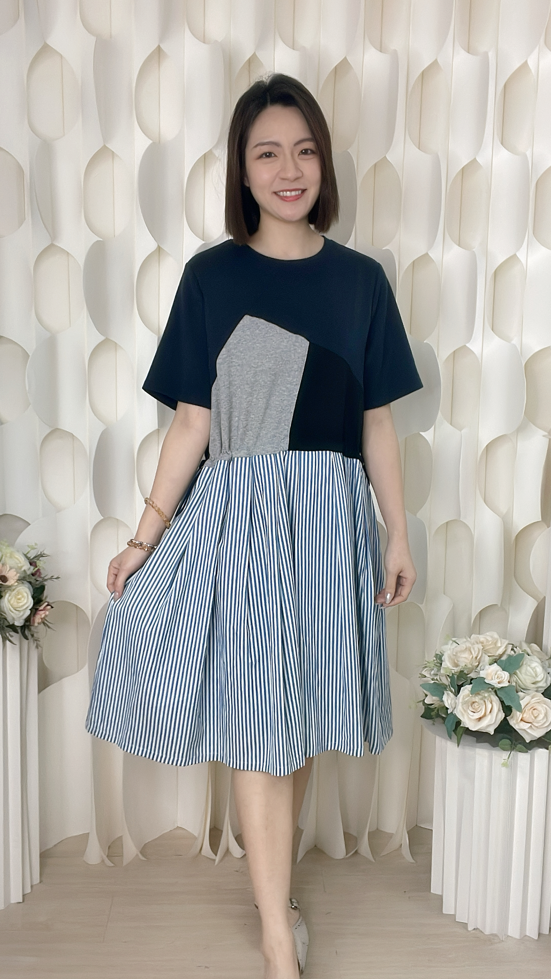 棉質拼條紋連身裙（胸42-46 腰42 臀50 長39吋）37024 #2304clo