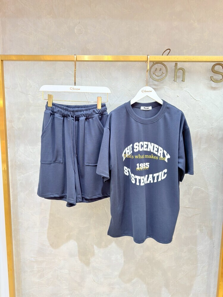 【現貨+預購】1995英字深灰5分褲套裝『預購時間7-14天』