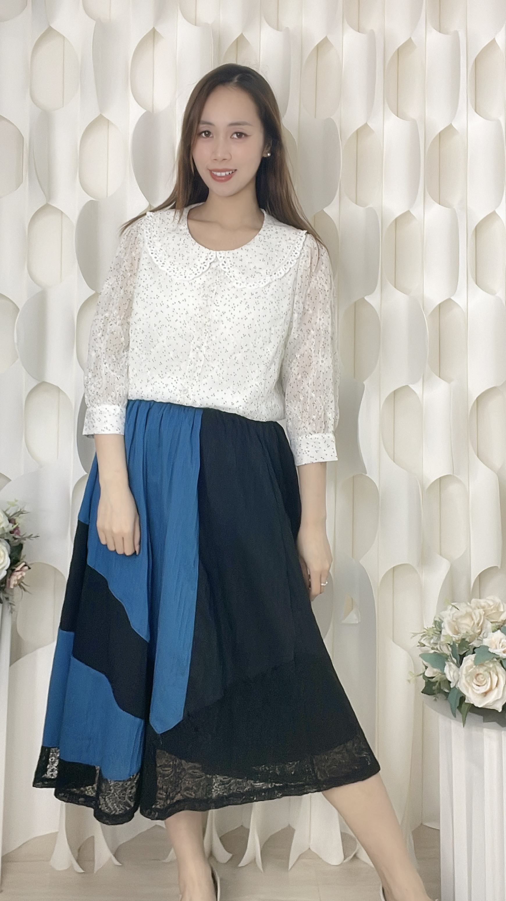 拼色雪紡通花半截裙（腰26-38 臀40 長30吋）37079 #2304clo