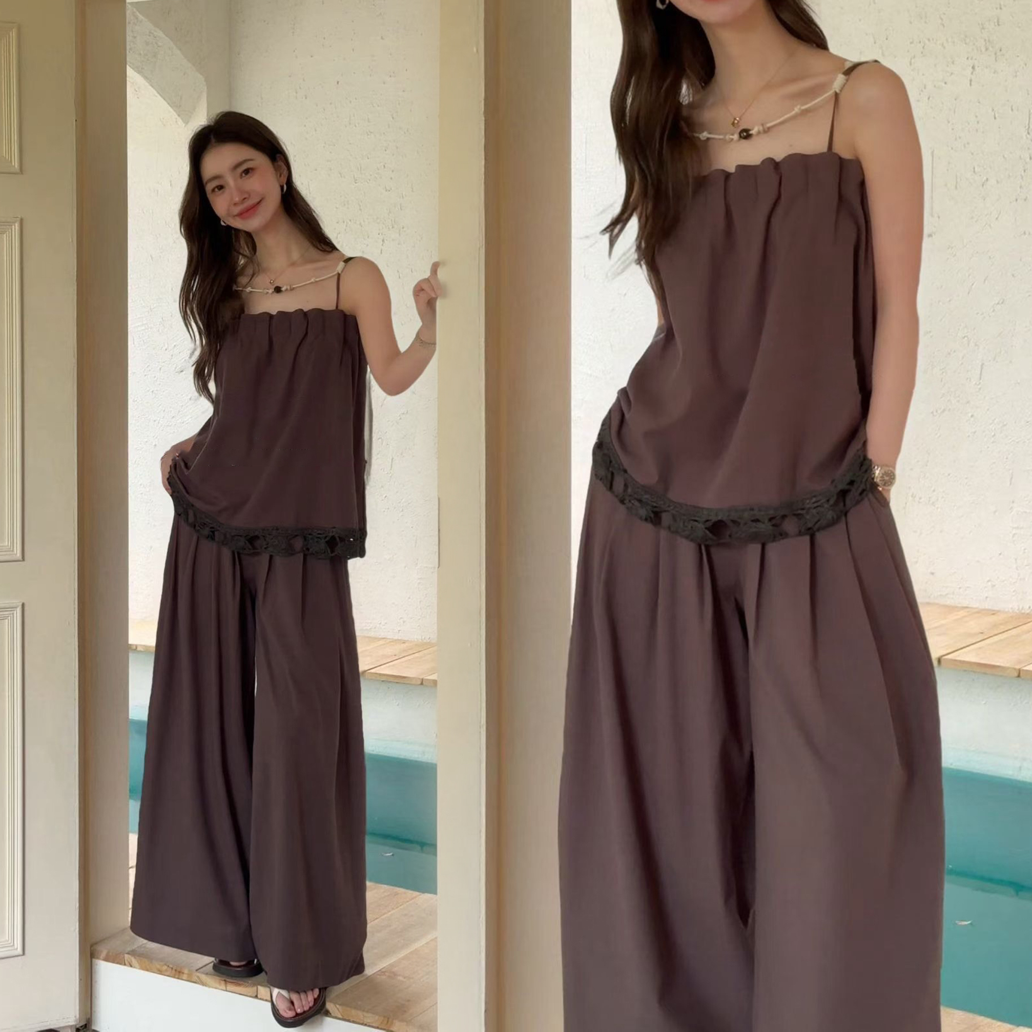 抓摺感細肩帶蕾絲滾邊背心+長褲SET-F / 2色 (Elegant & Love)