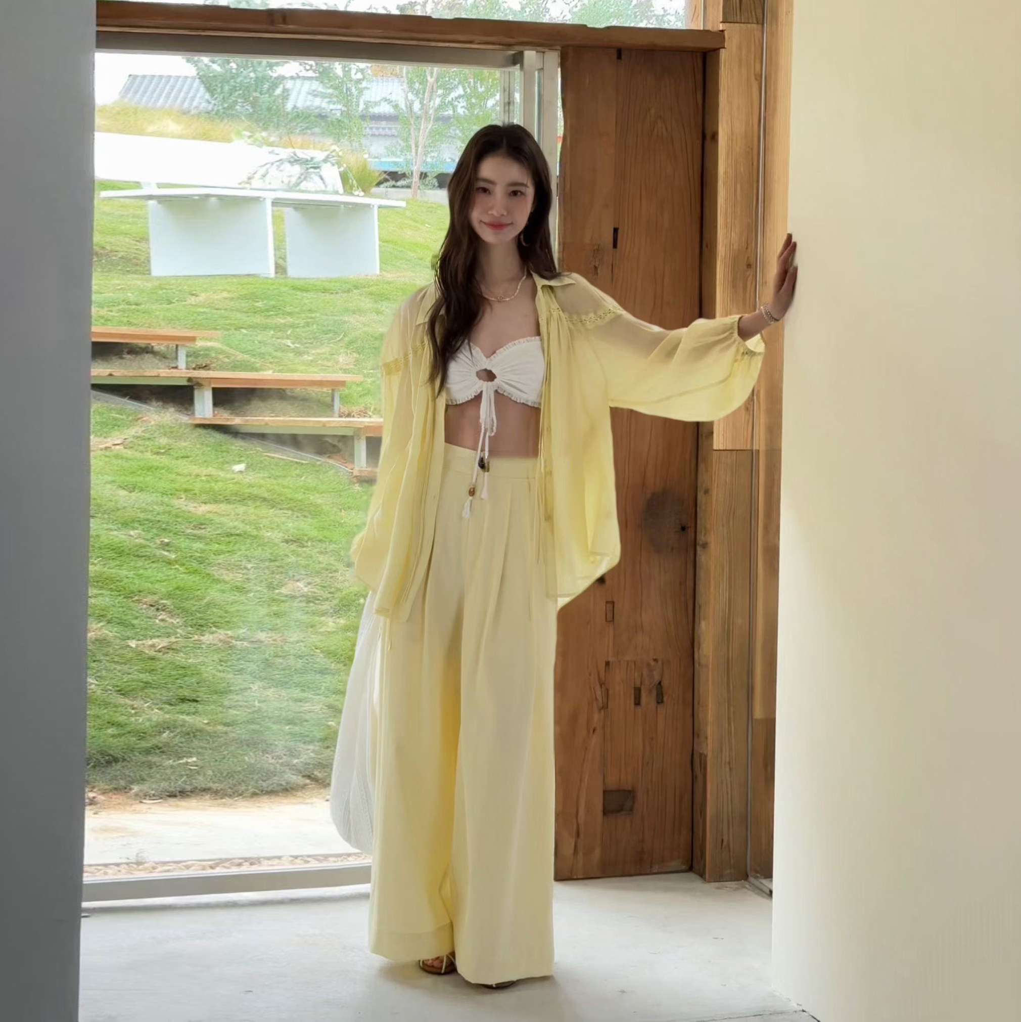 檸檬汽水單釦A字打褶棉麻寬褲長褲-F / 2色 (Elegant & Love)