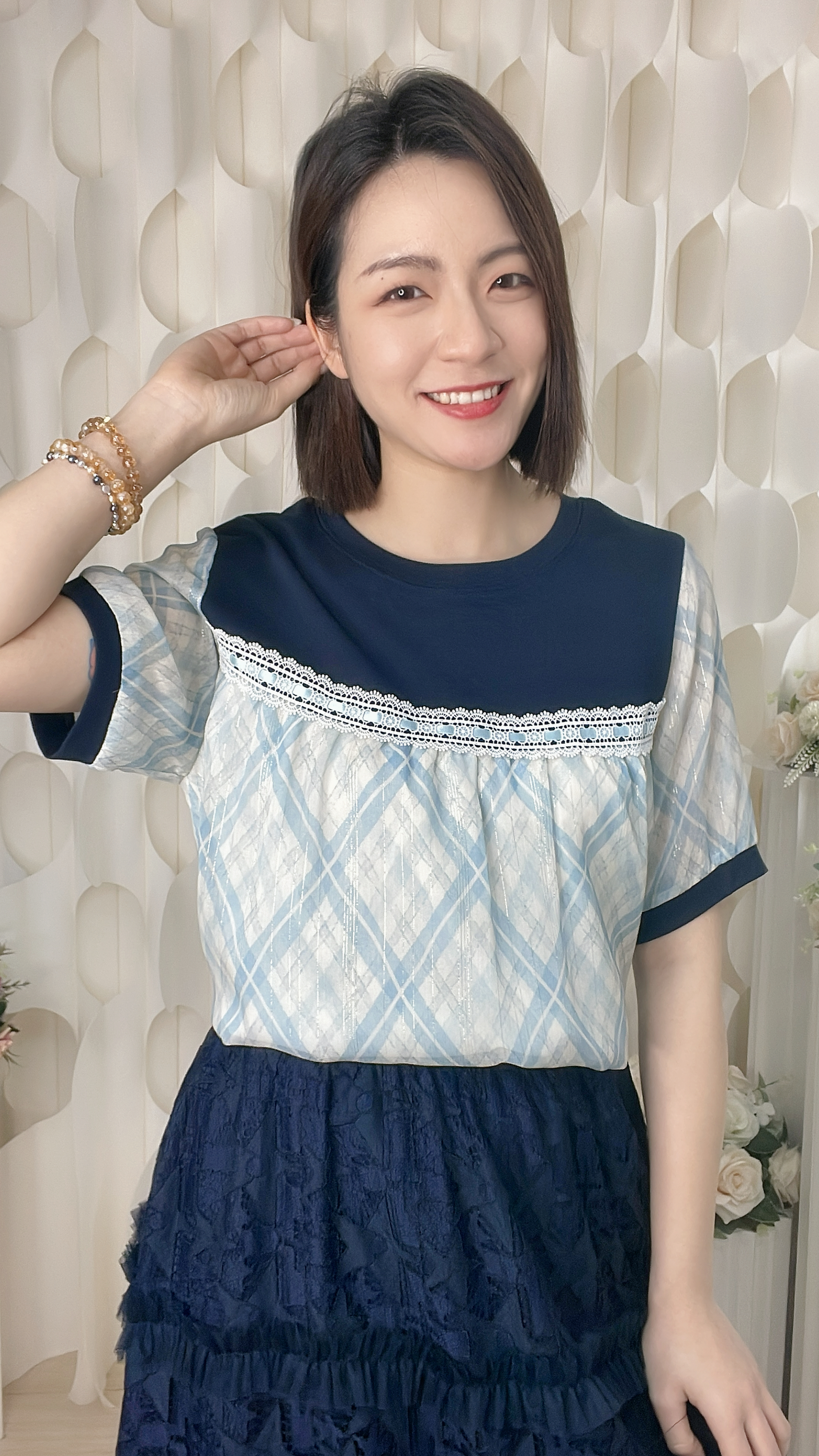 雪紡菱格紋拼棉質上衣（胸44 腰50 長24吋）37033 #2304clo