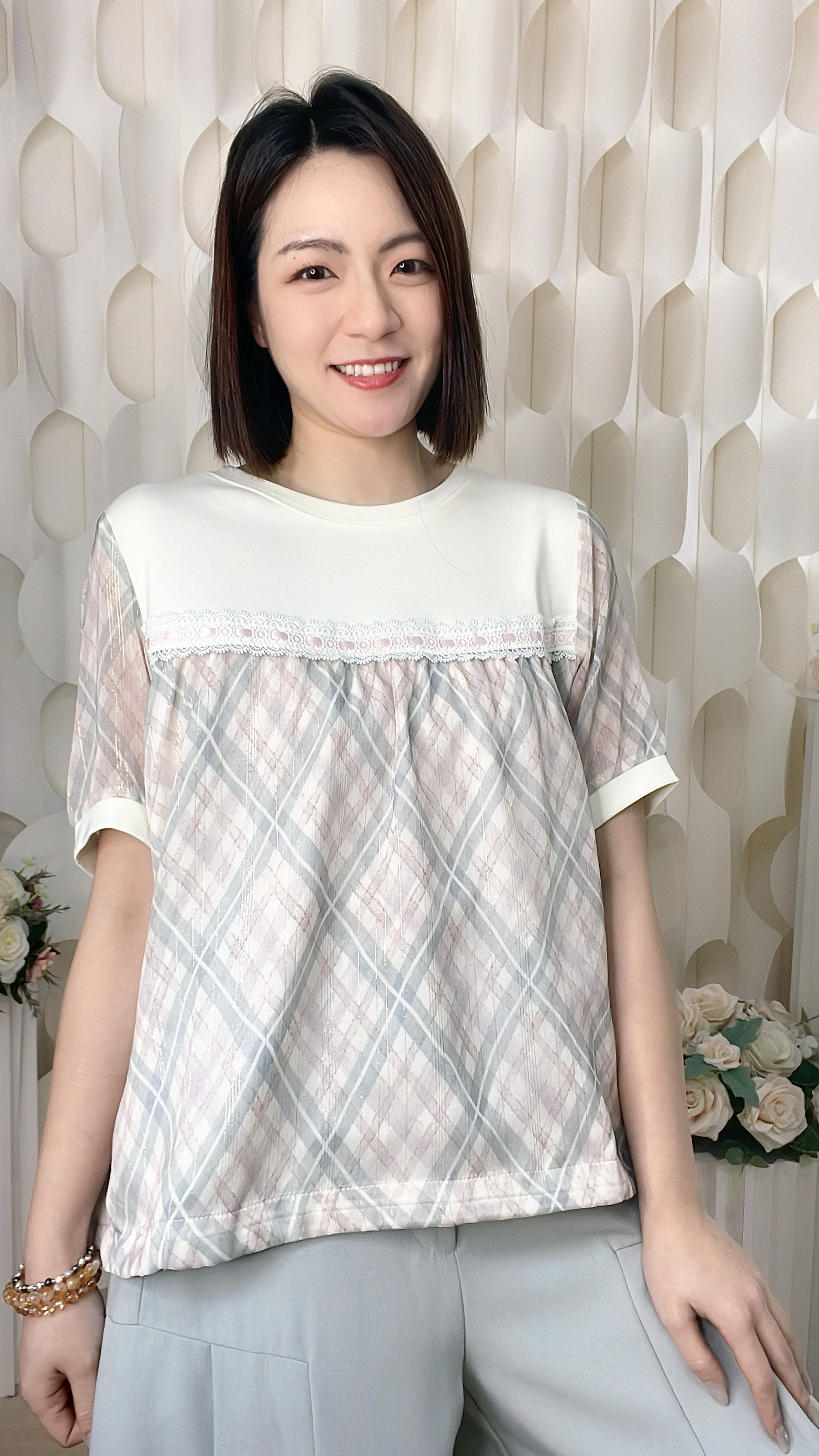 雪紡菱格紋拼棉質上衣（胸44 腰50 長24吋）37033 #2304clo