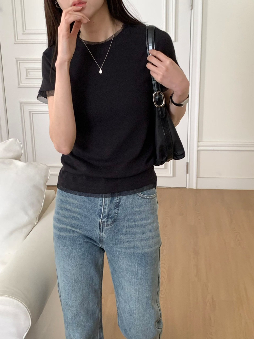 假兩件設計顯瘦修身款★氣質拼接針織上衣