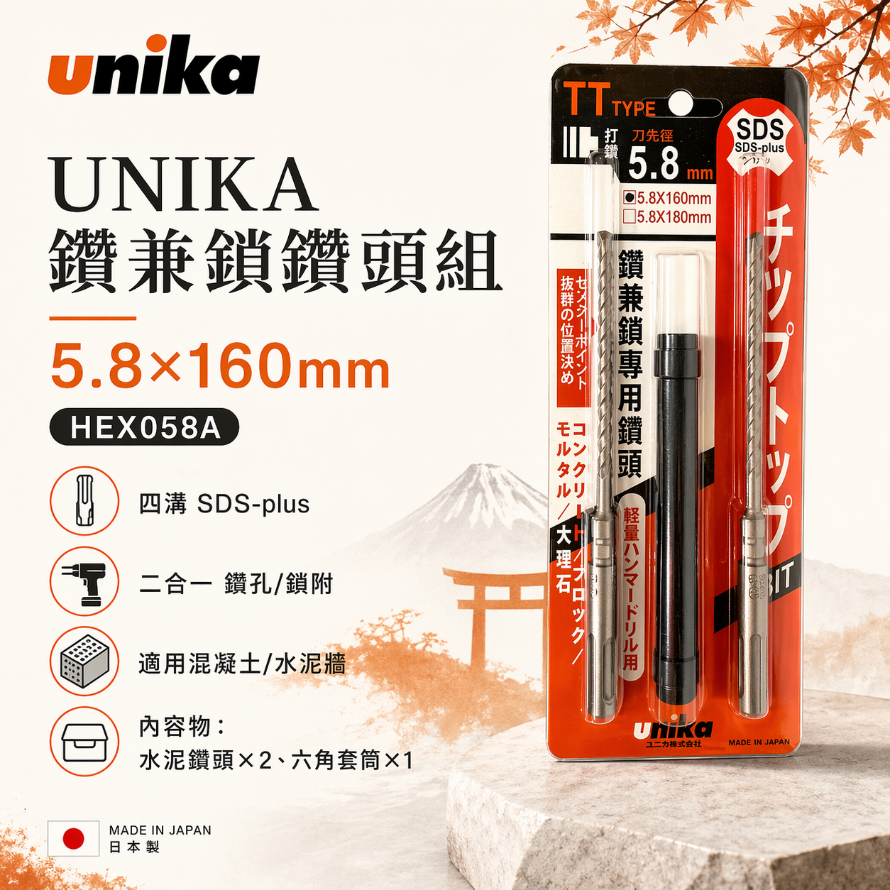 [出清特賣] UNIKA鑽兼鎖鑽頭組 5.8*160 HEX058A