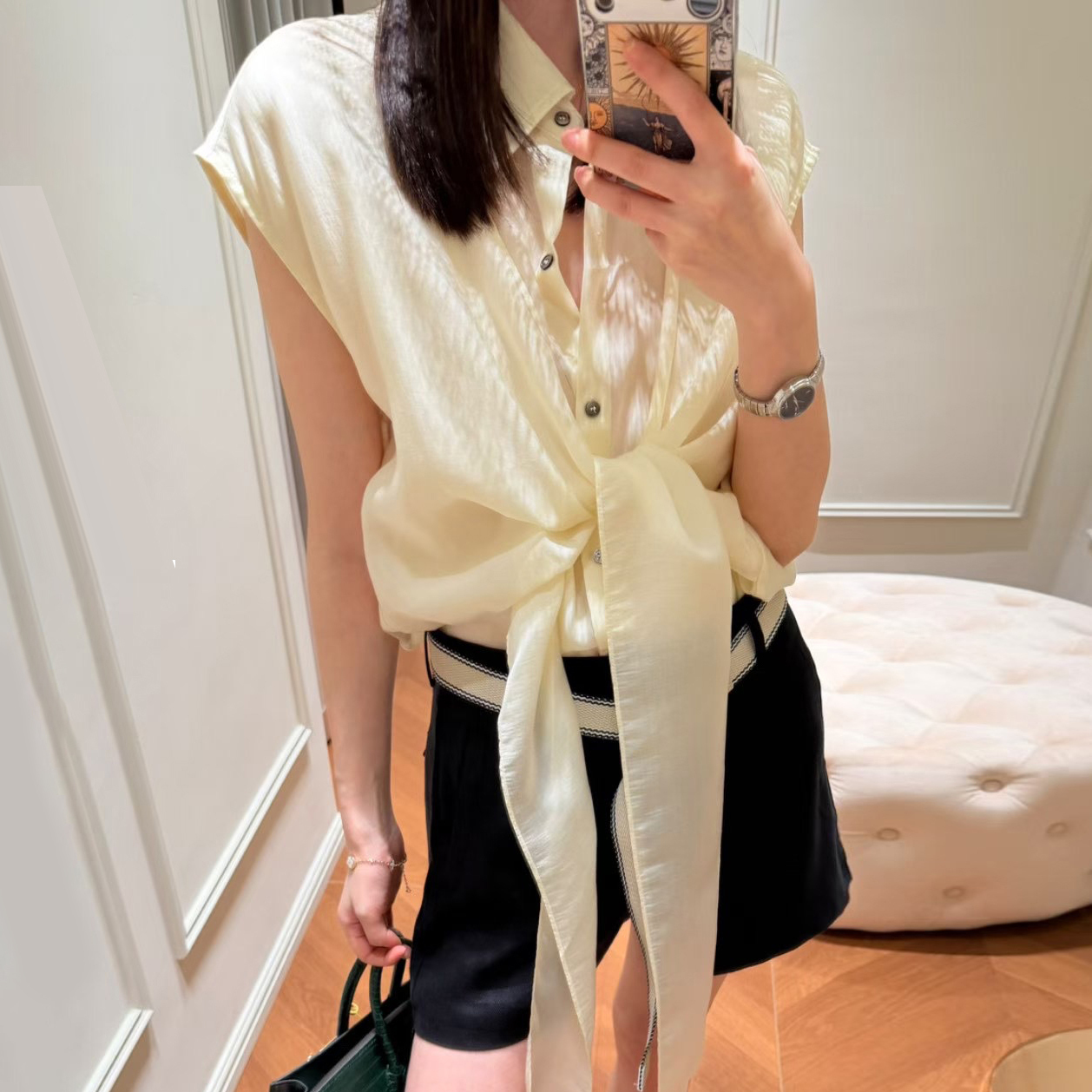 假兩件綁帶造型翻領排釦無袖上衣-F / 4色 (Elegant & Love)