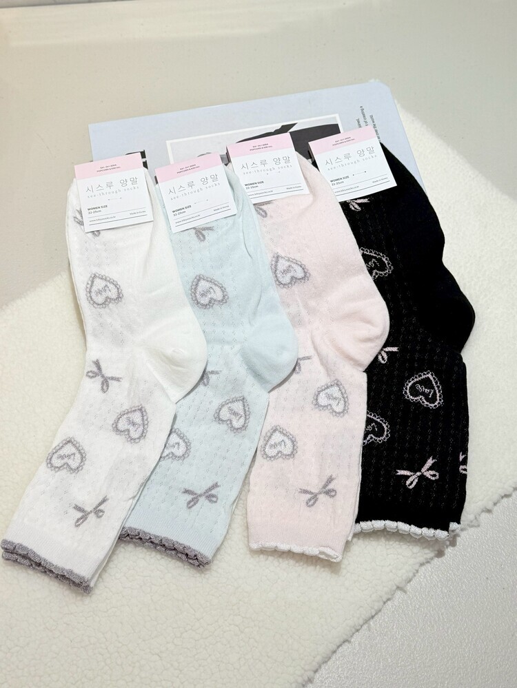『4入組』銀蔥蝴蝶結x愛心透氣長襪