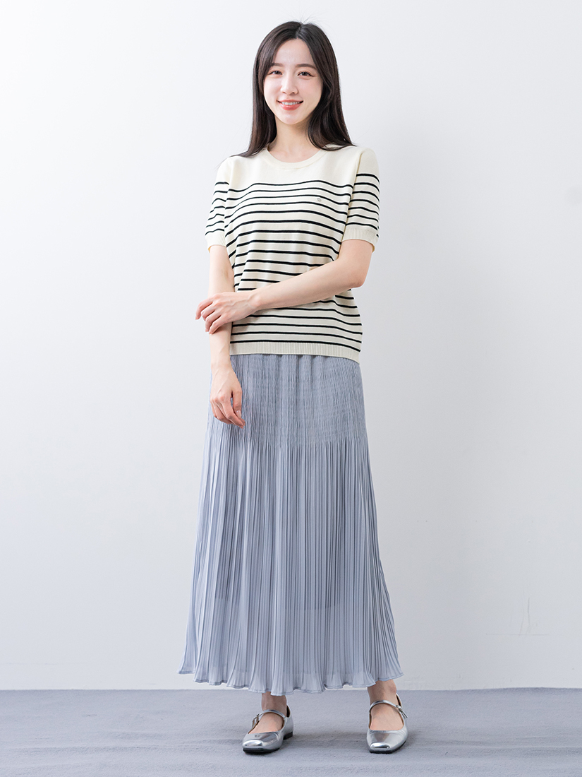 條紋針織衫層次壓褶雪紡長裙組合