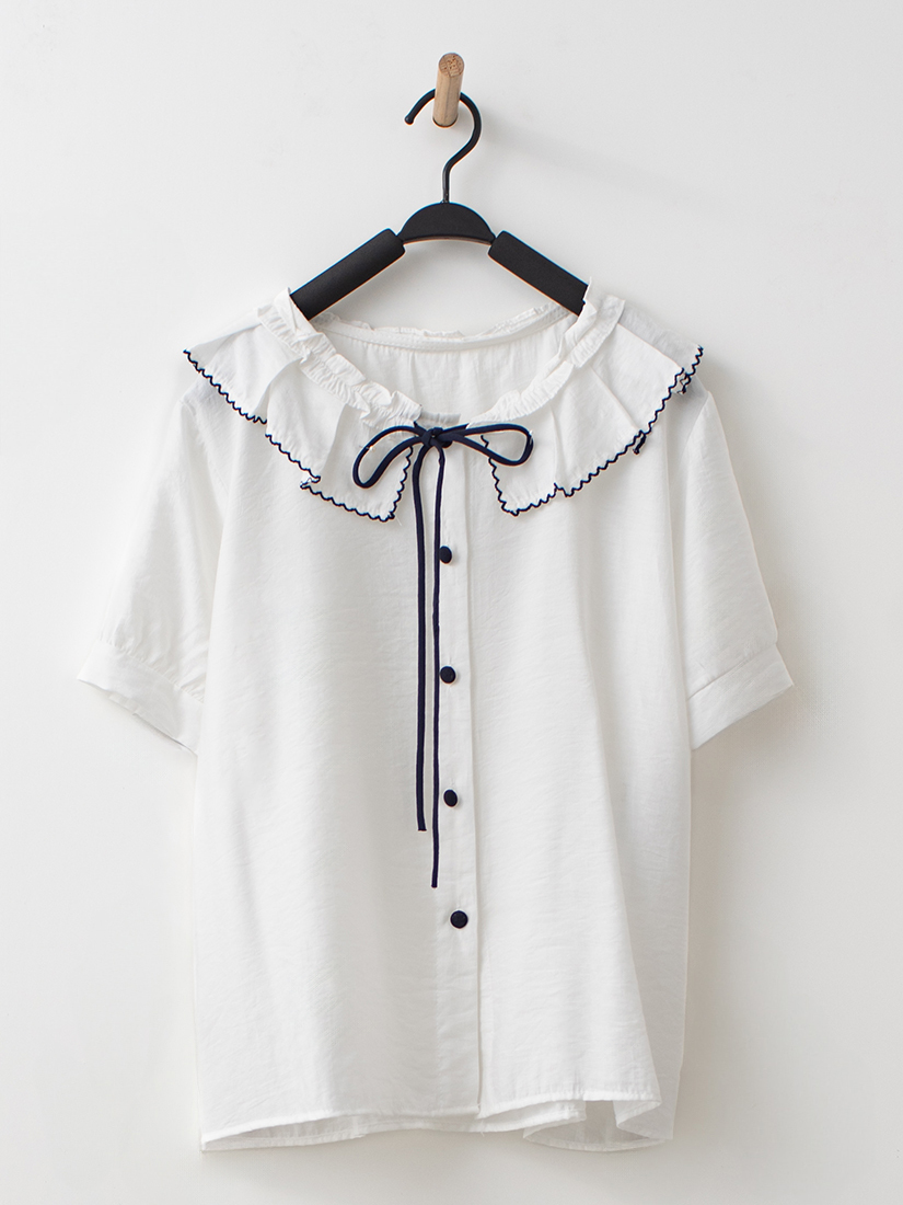 荷葉領綁帶襯衫百褶拼接層次魚尾紗裙組合