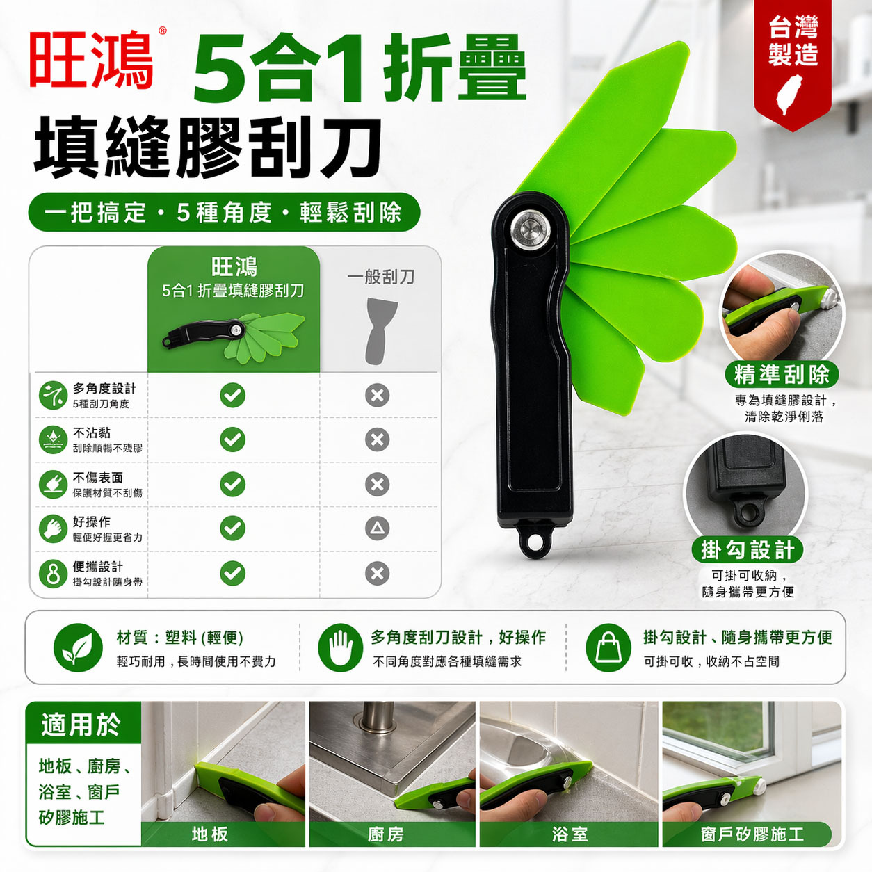 SONA 旺鴻 台灣製｜五合一填縫矽膠刮刀 清潔刀 5合1折疊式矽利康刮刀 不沾黏矽利康用刮刀｜PS-285