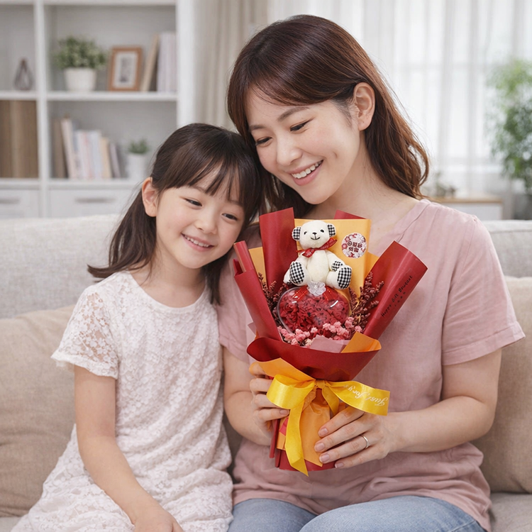 媽媽手持小熊愛心盒康乃馨香皂花束,和女兒在客廳裡