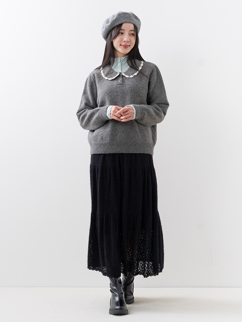 輕甜復古滾邊蕾絲領片厚針織上衣