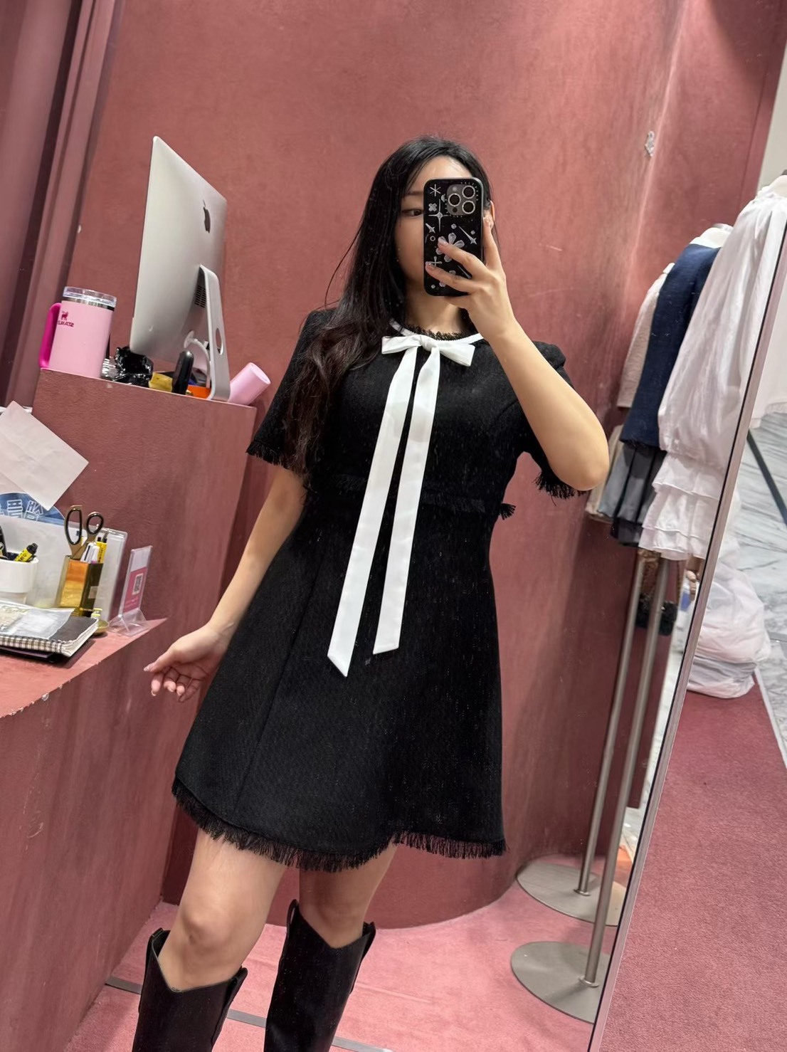 綁長蝴蝶結短袖洋裝