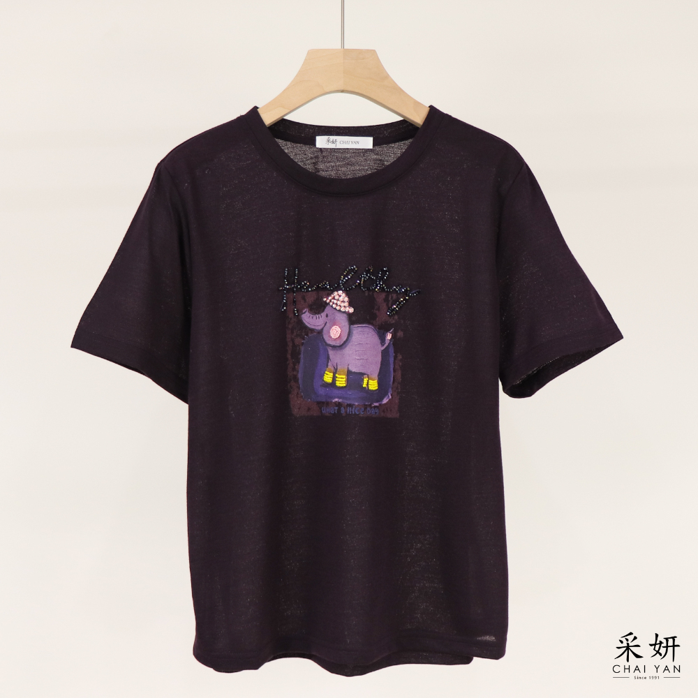 串珠小象薄棉短袖上衣