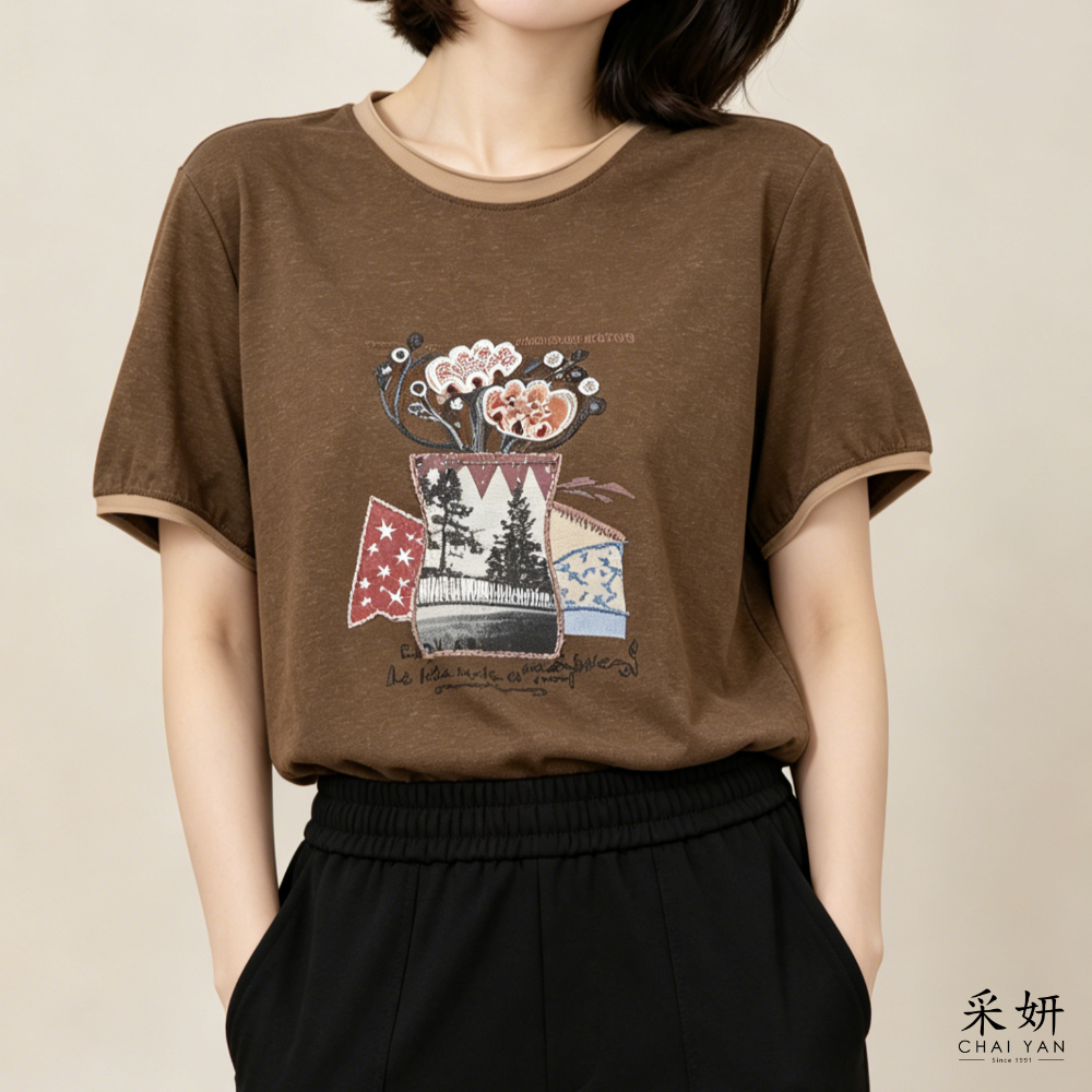 串珠花盆滾邊短袖上衣