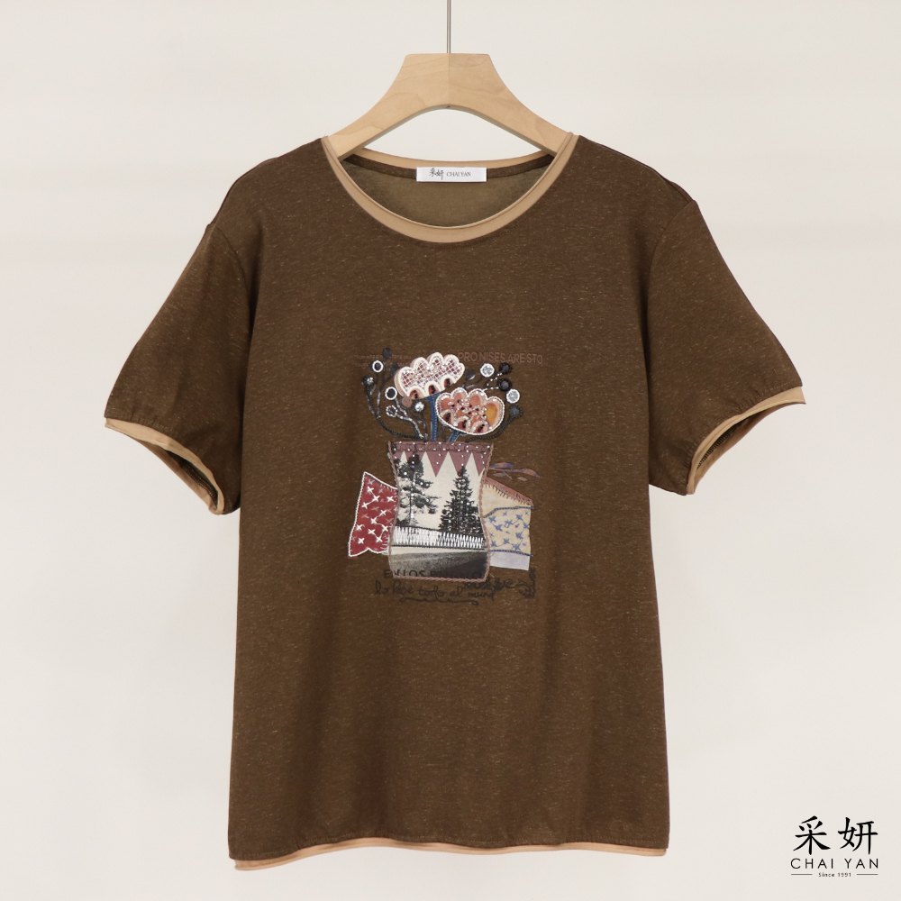 串珠花盆滾邊短袖上衣