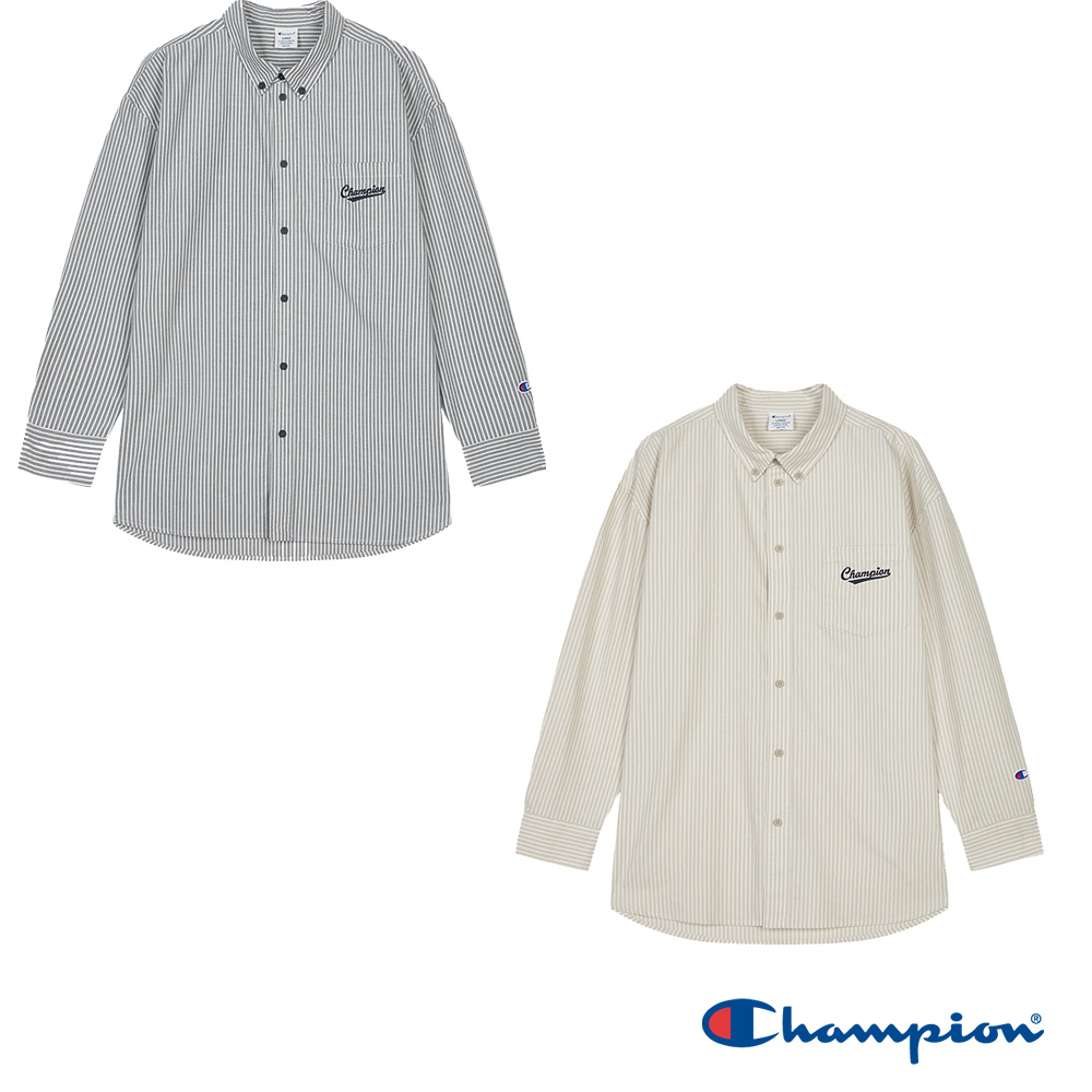 男款-CAMPUS 條紋翻領長袖襯衫-藏青色/卡其色(U6ASHSU090M)
