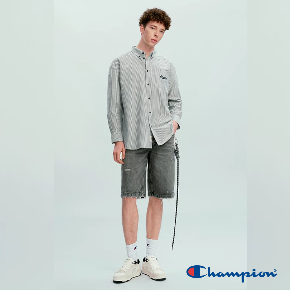 男款-CAMPUS 條紋翻領長袖襯衫-藏青色/卡其色(U6ASHSU090M)