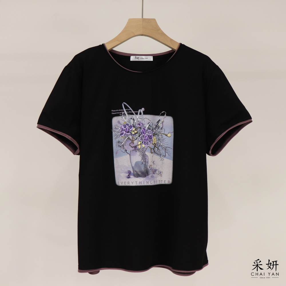 水鑽花朵滾邊短袖上衣