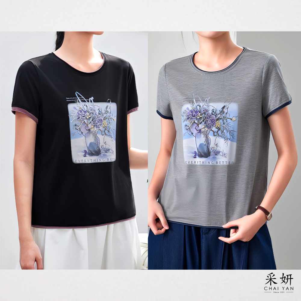 水鑽花朵滾邊短袖上衣