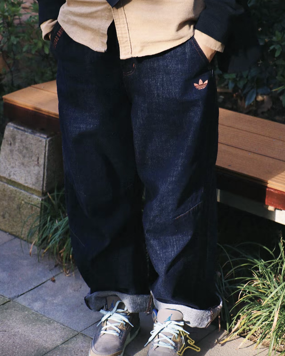 ADIDAS ORIGINALS V-DAY 情人節限定 骷髏頭 牛仔闊腿褲 寬鬆 長褲 復古 牛仔藍 深藍