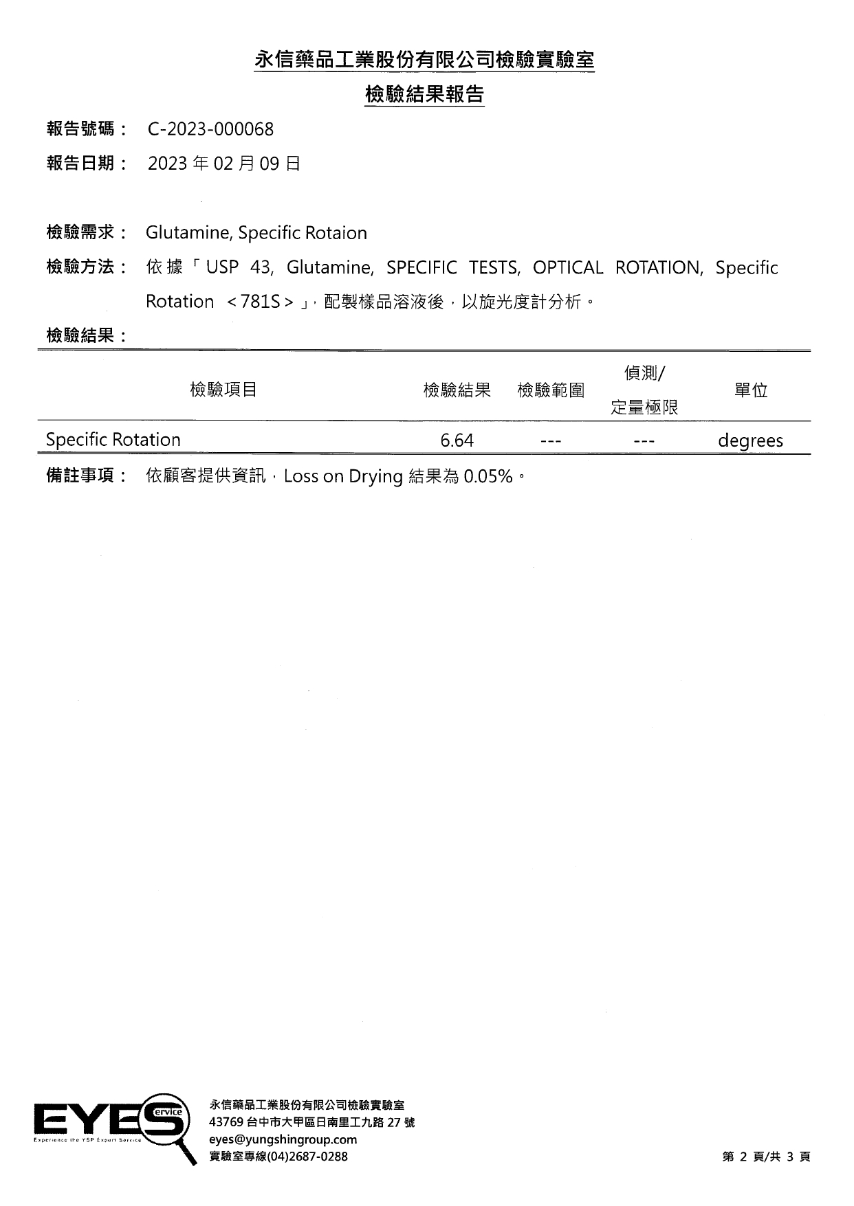懷特胺速 L-Glutamine 左旋麩醯胺酸旋光度第三方檢驗報告 2023年 永信EYES C-2023-000068