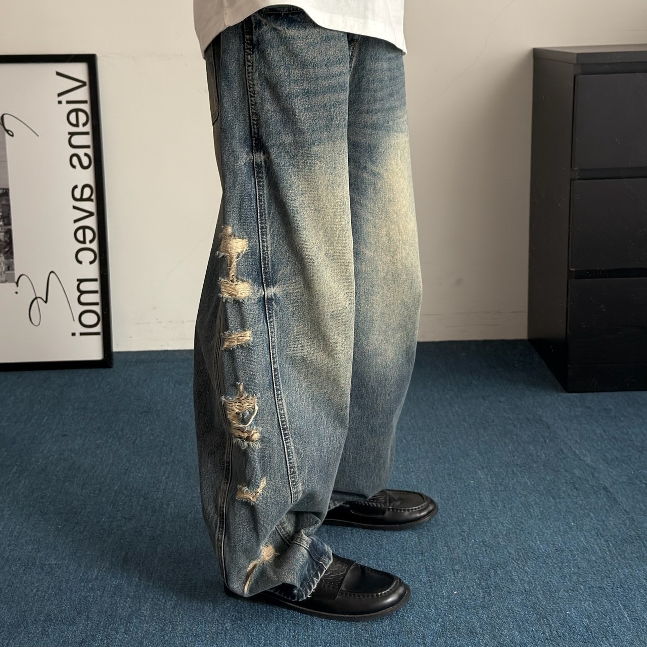 （現貨）NJ377 美式 街頭 貓鬚 側邊破壞 闊腿 牛仔褲
