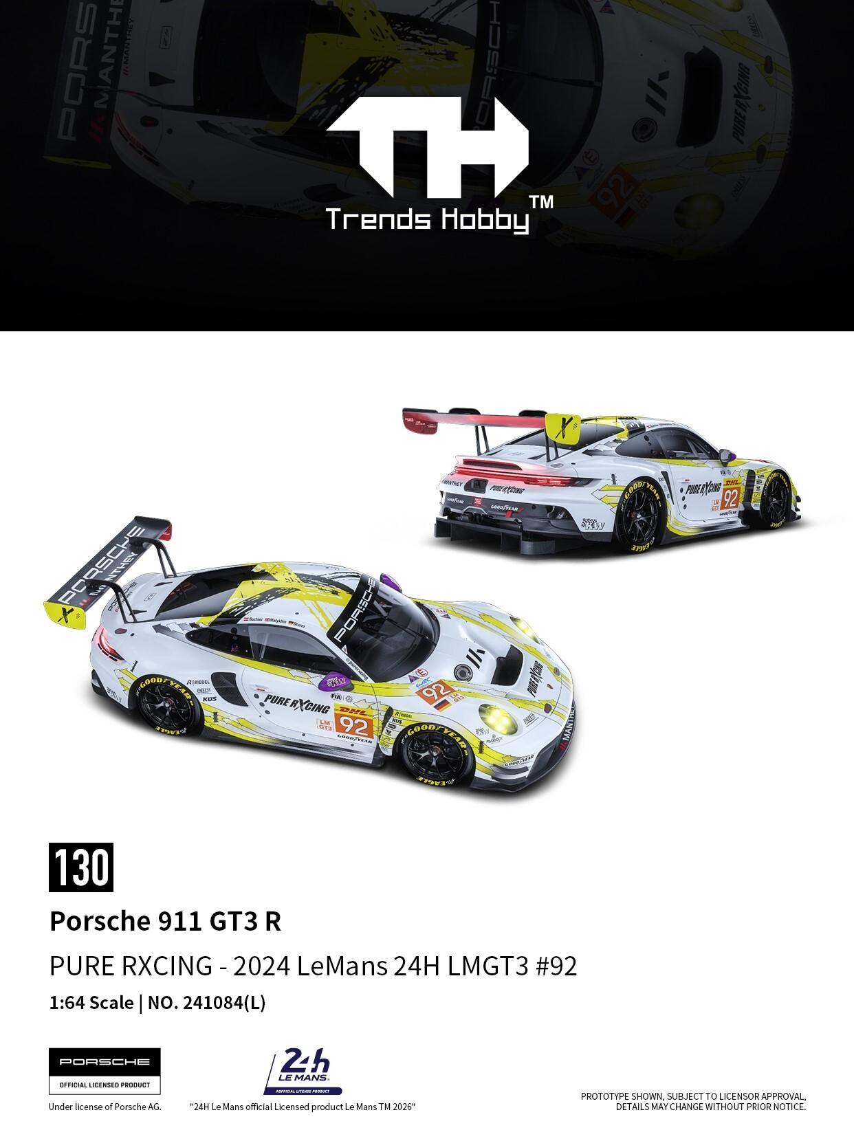 [預訂] Trends Hobby Diecast 1/64 保時捷 911 GT3 R- 利曼 24 小時賽 2024 #92