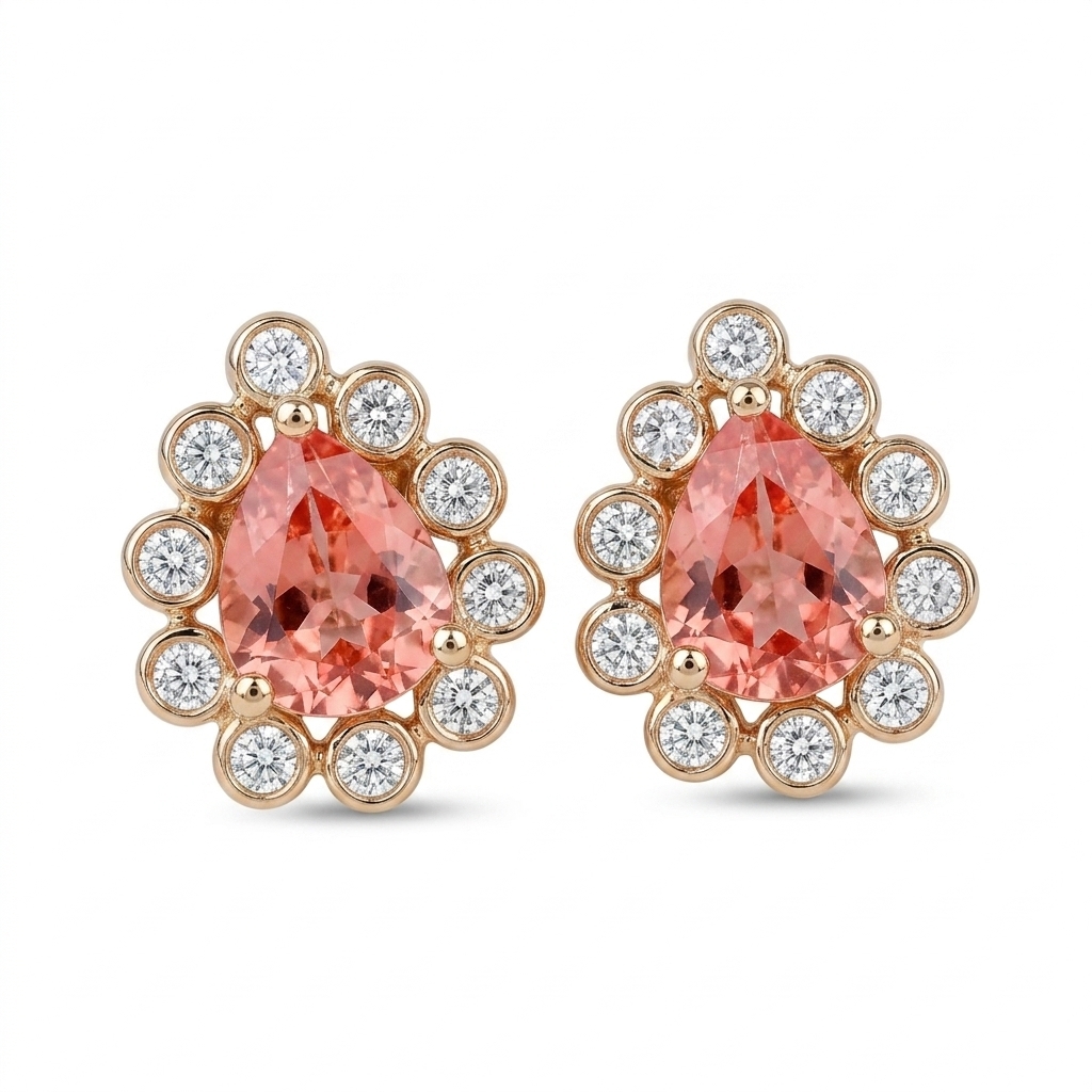 18K金Padparadscha鑽石復古耳釘 - 日落色
