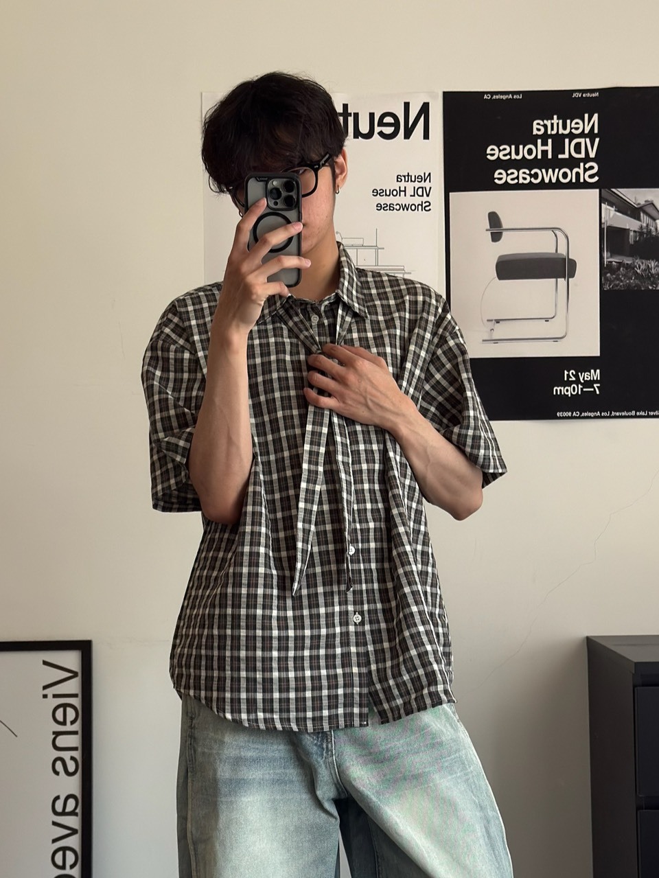 （現貨）westward ST057 日系 復古 小格子 附裝飾領帶 短袖襯衫