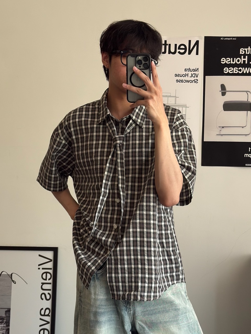 （現貨）westward ST057 日系 復古 小格子 附裝飾領帶 短袖襯衫